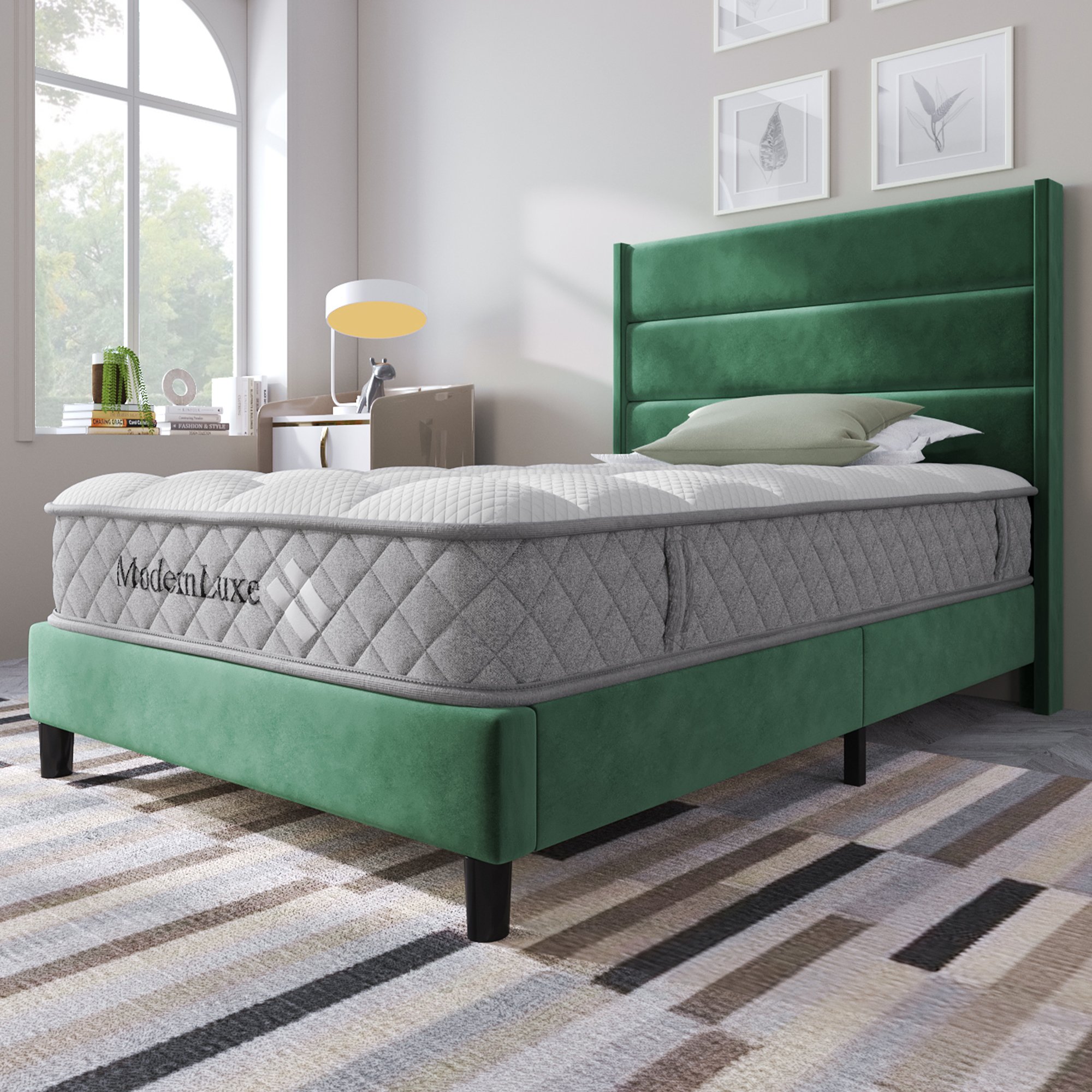 lit double avec sommier et matelas 90x200 cm, soutien ergonomique 7 zones H3 pour dos, cadre vert foncé