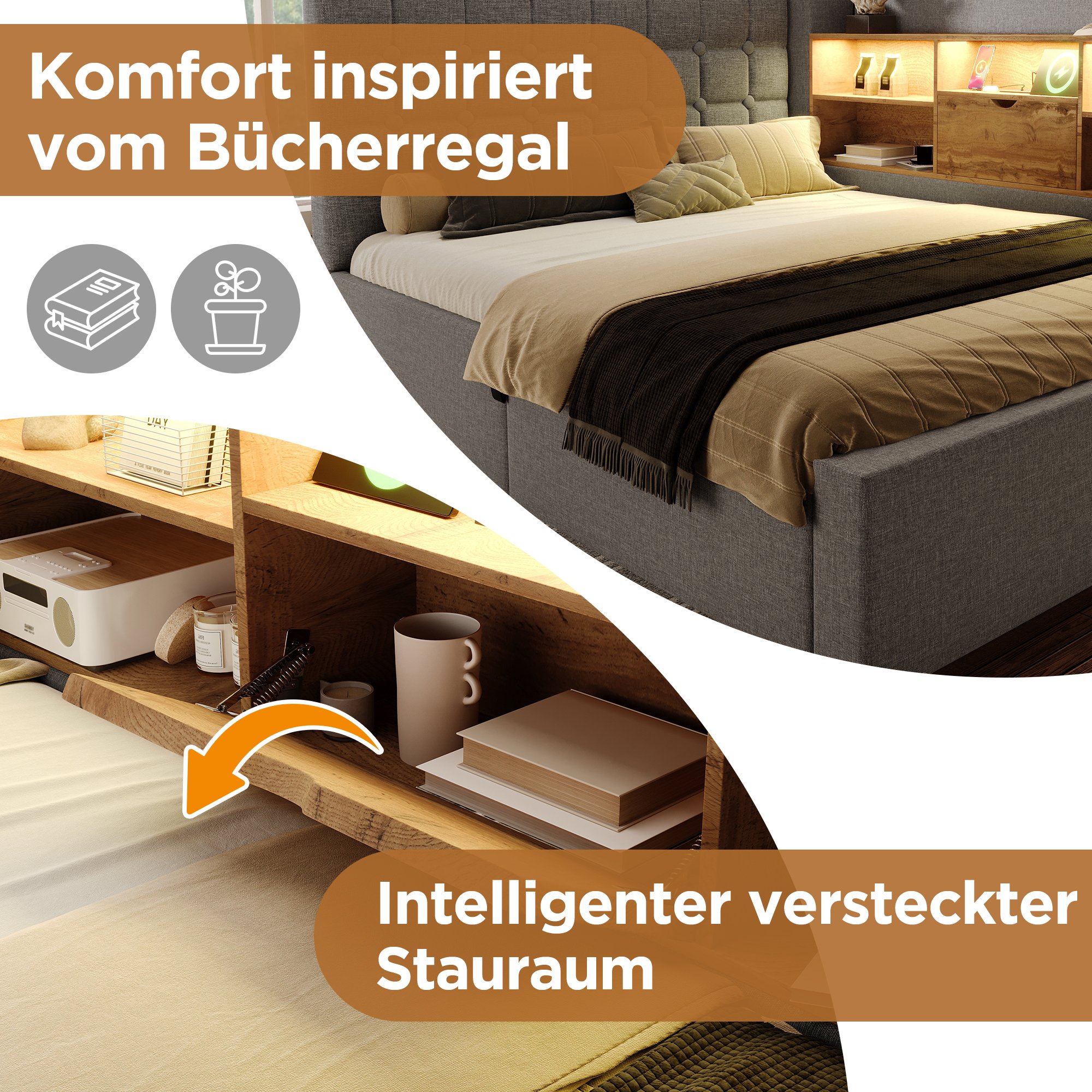 Lit LED 90x200 avec matelas, lit coffre 1 place gris avec rangement hydraulique, USB et tête de lit rembourrée