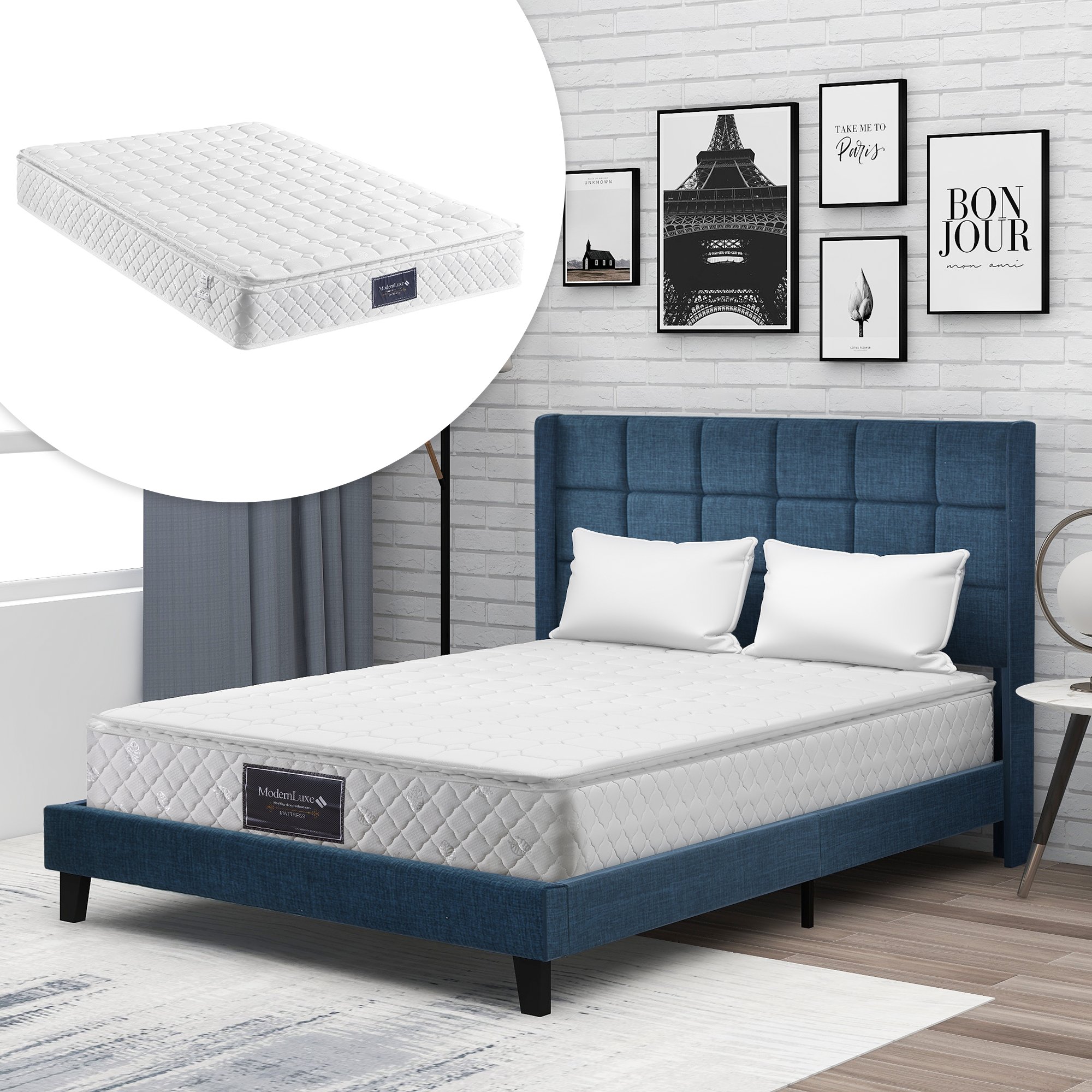 Lit double rembourré 140x200 confort moelleux pour lecture, tête haute douce et sommier à lattes stable sans boxspring