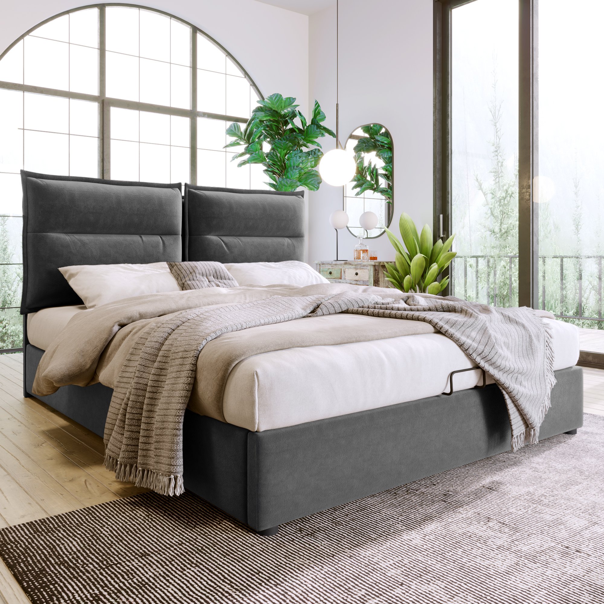 lit coffre double 140x200 gris velours avec tête de lit rembourrée ajustable et rangement hydraulique profond sans matelas