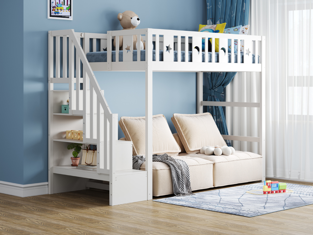 Lit superposé enfant 90x200 avec escalier, rangement et coin lecture, bois massif blanc