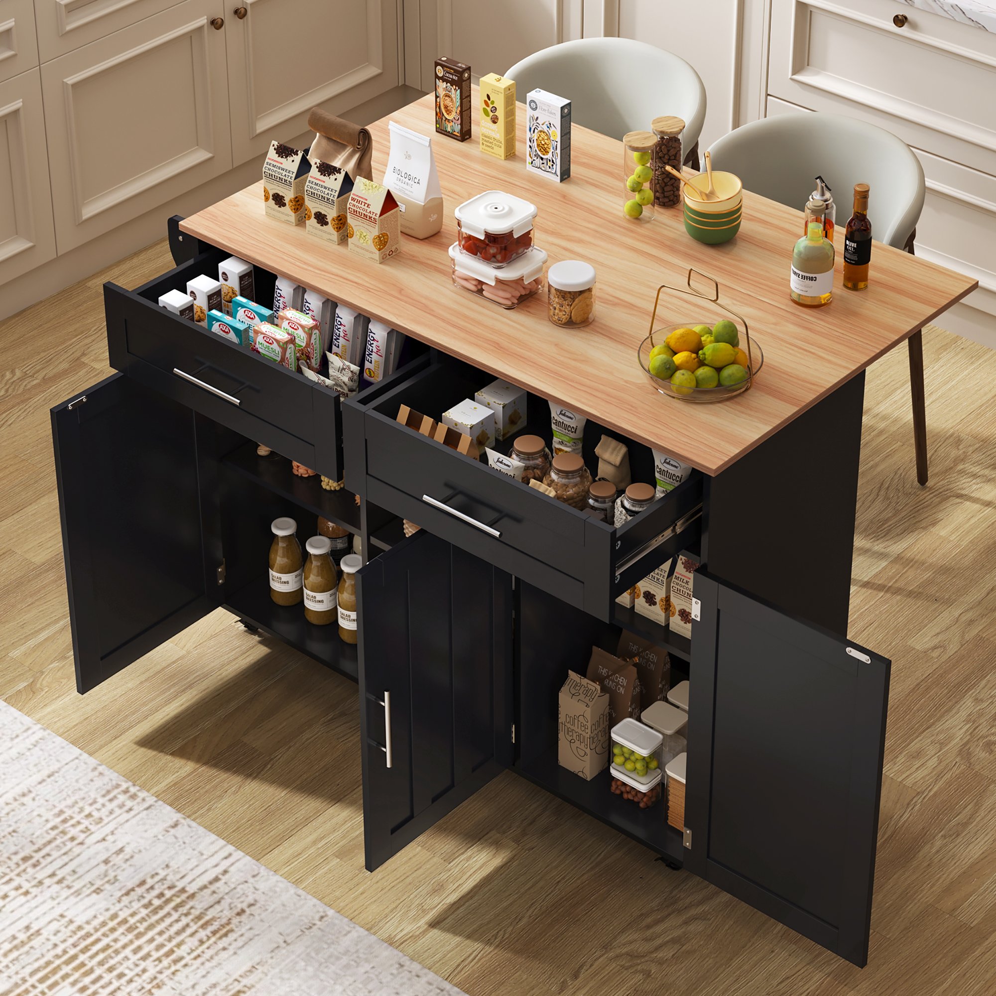 Îlot de cuisine 129x71x91,5 cm, noir et bois, avec rangements, tiroirs, table pliante, sur roulettes, pour salle à manger, 5 roues