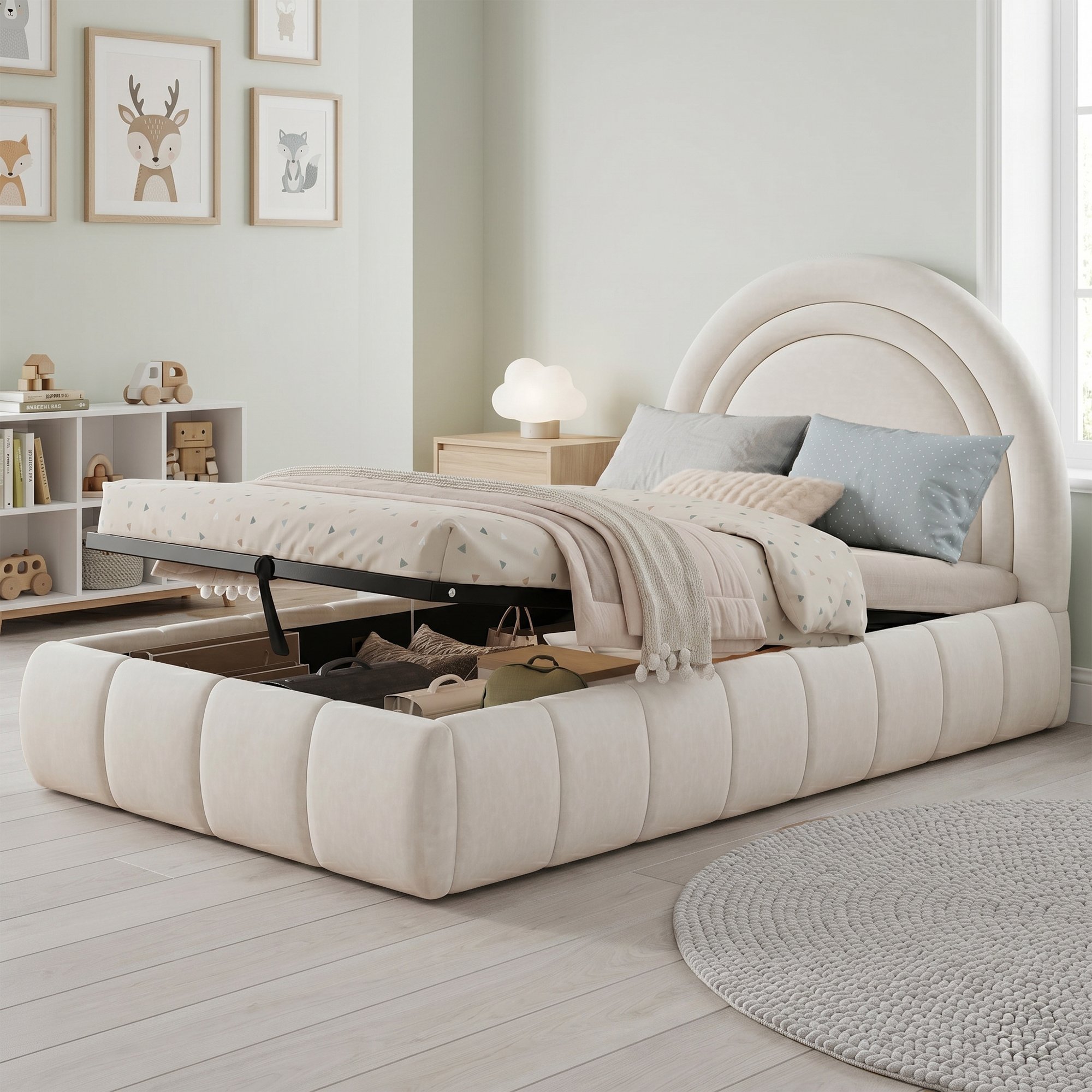 Lit coffre 90x200 avec rangement hydraulique, revêtement velours beige doux, idéal pour optimiser la chambre enfant