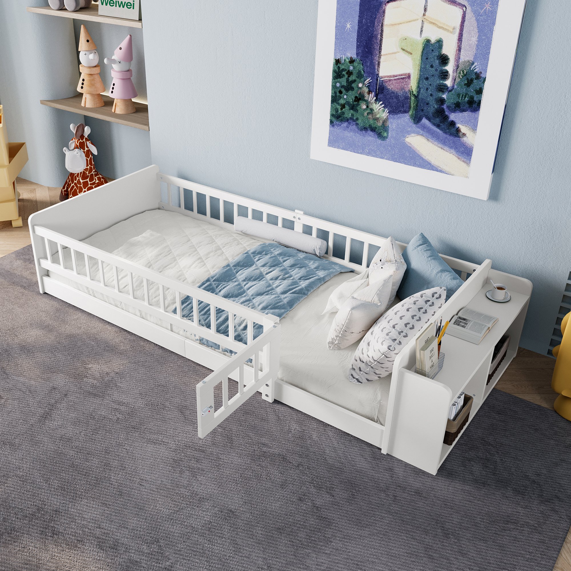 Lit enfant 90x200 en pin blanc avec rangement ouvert et étagères, sans matelas