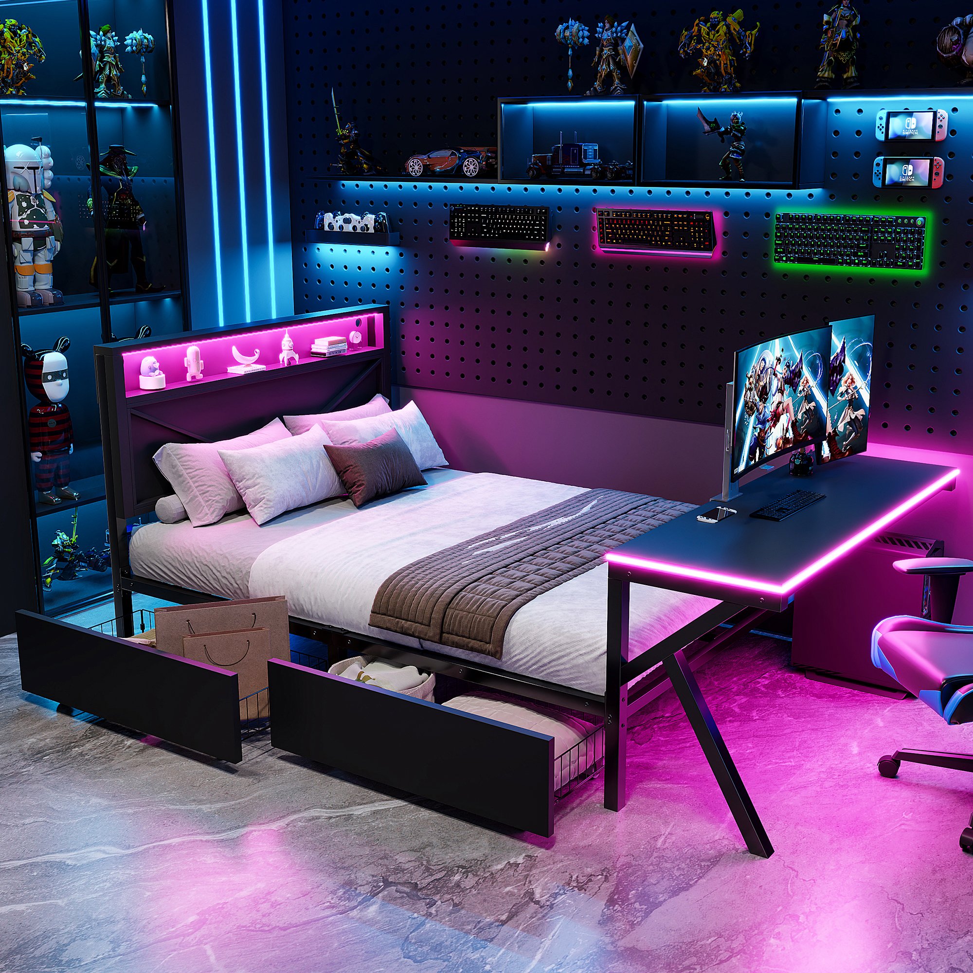 Lit coffre 140x200 en métal noir avec tête de lit LED, bureau intégré et 2 tiroirs