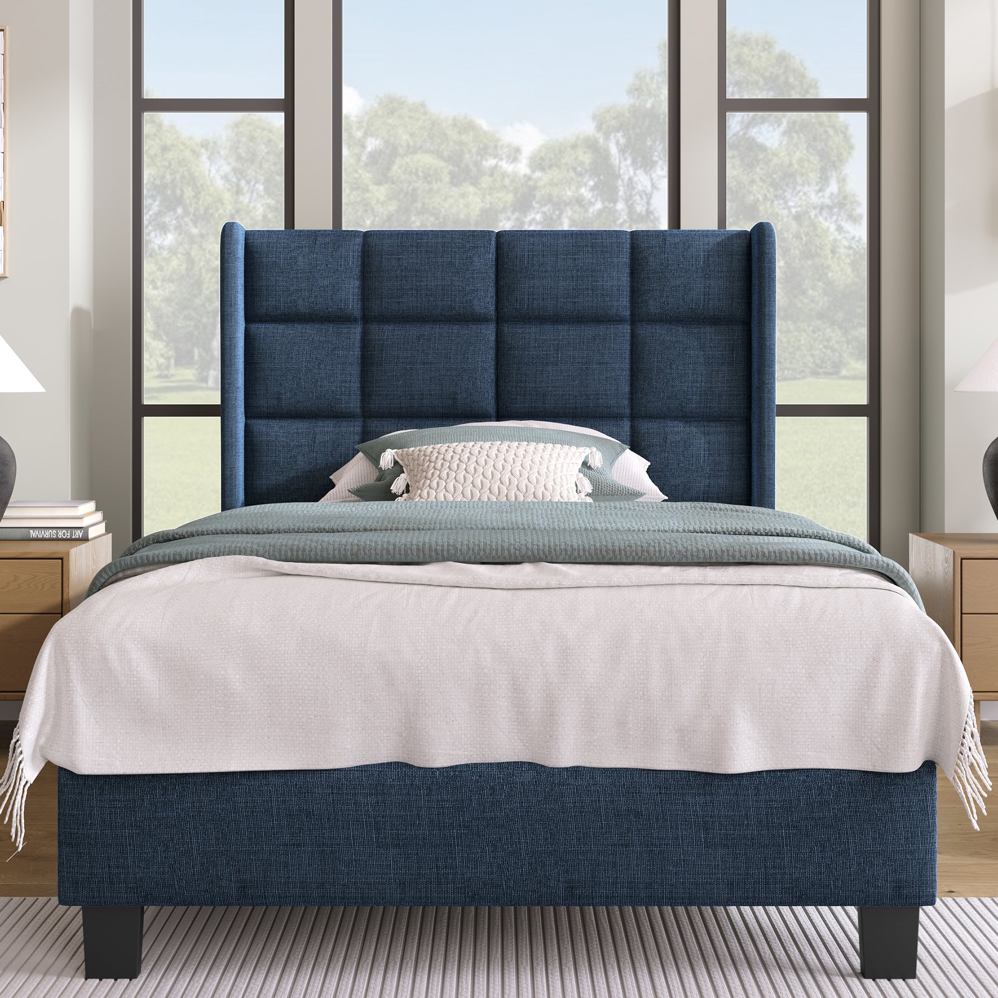 Lit rembourré 90x200 bleu lin avec tête de lit haute et sommier à lattes, design contemporain