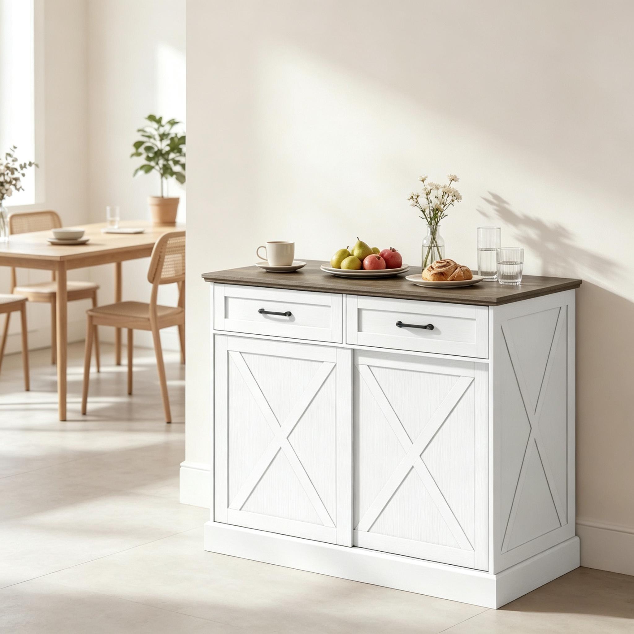 Îlot de cuisine en panneaux de particules et Panneau composite de fibres de bois à densité, blanc et brun antique, 106x57x92 cm, avec 2 tiroirs et armoire coulissante