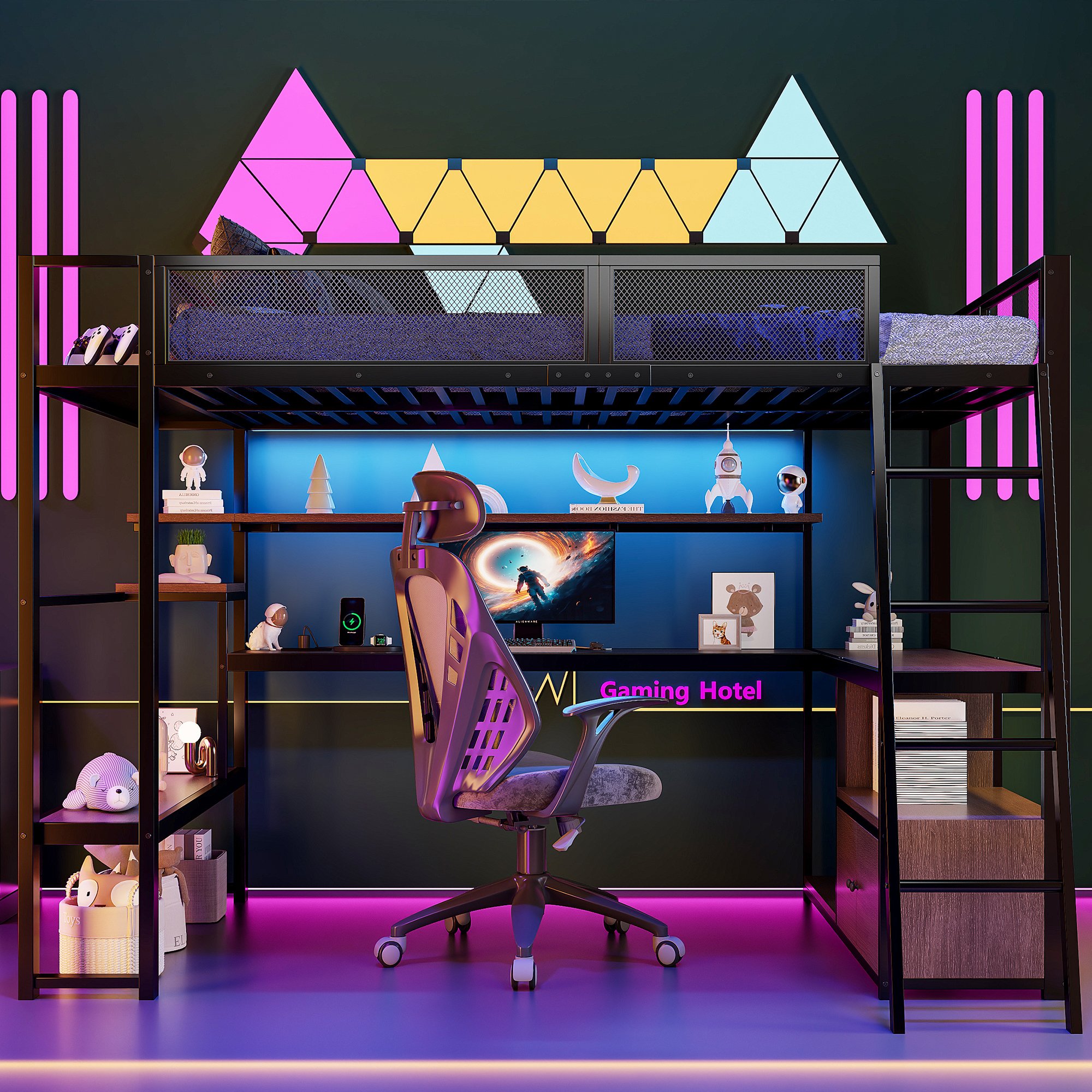 Lit mezzanine avec bureau intégré et LED, couchage 140x200, rangements inclus