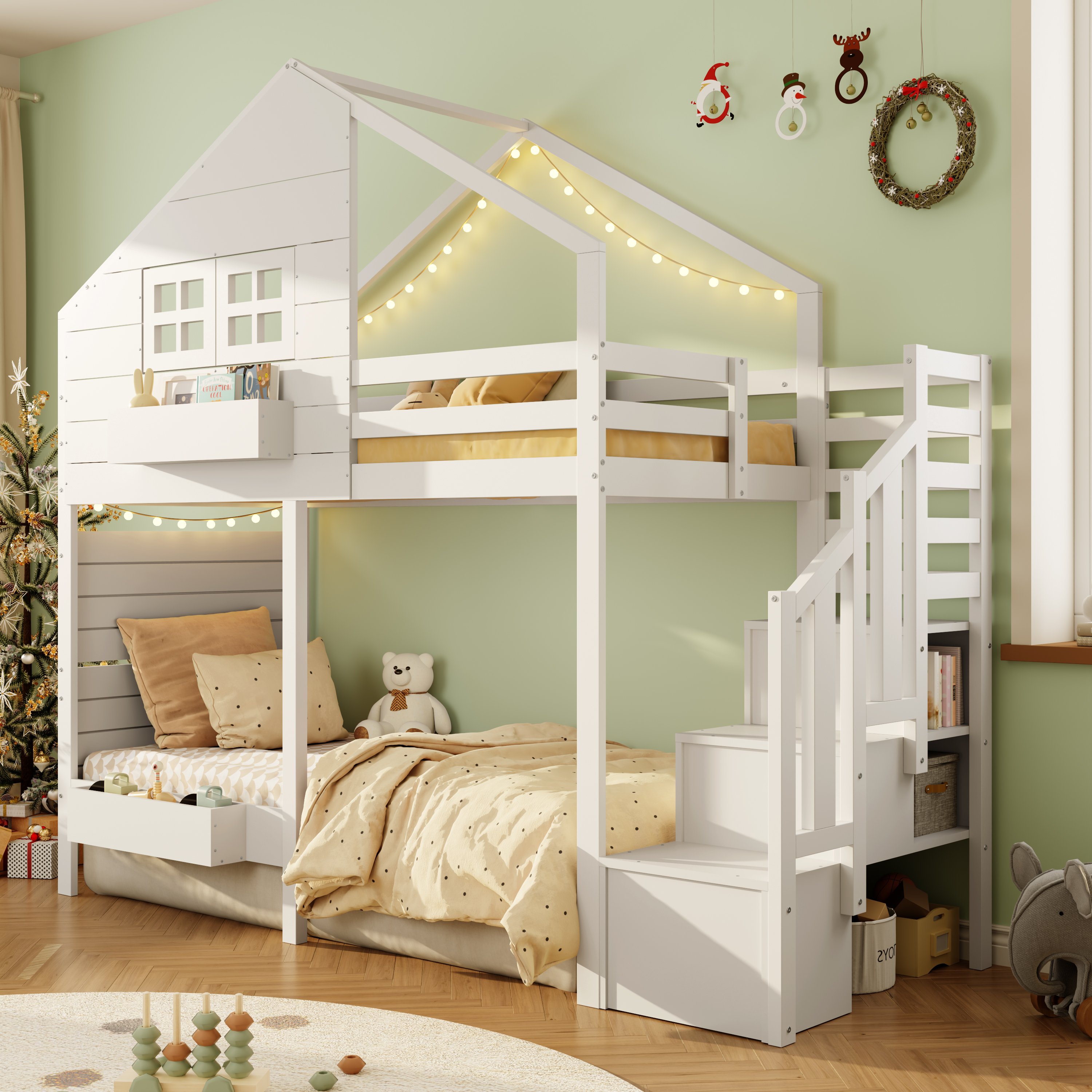 Lit superposé 90x200 cm dimensions totales 252,5 x 107 x 221,4 cm, charge max 120 kg, idéal pour petits espaces avec rangements