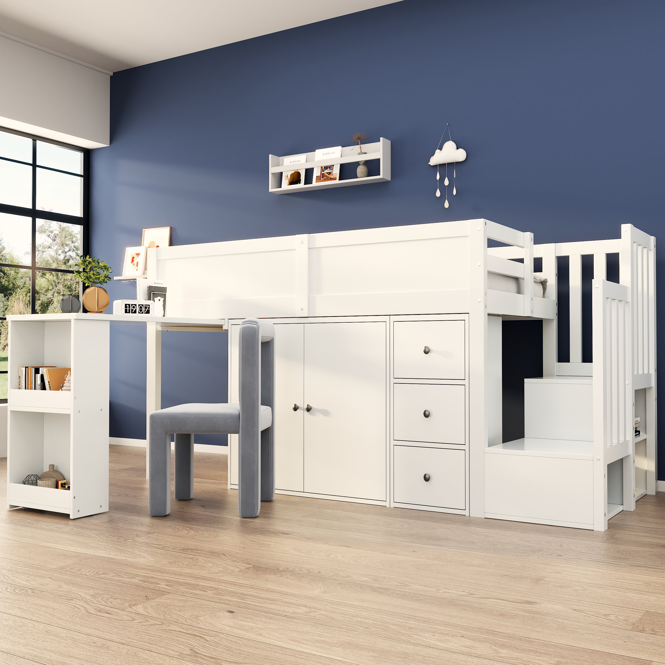 Lit Superposé Enfant 90x200 avec tiroir et escalier-magasin, style moderne blanc, montage facile pour petits espaces