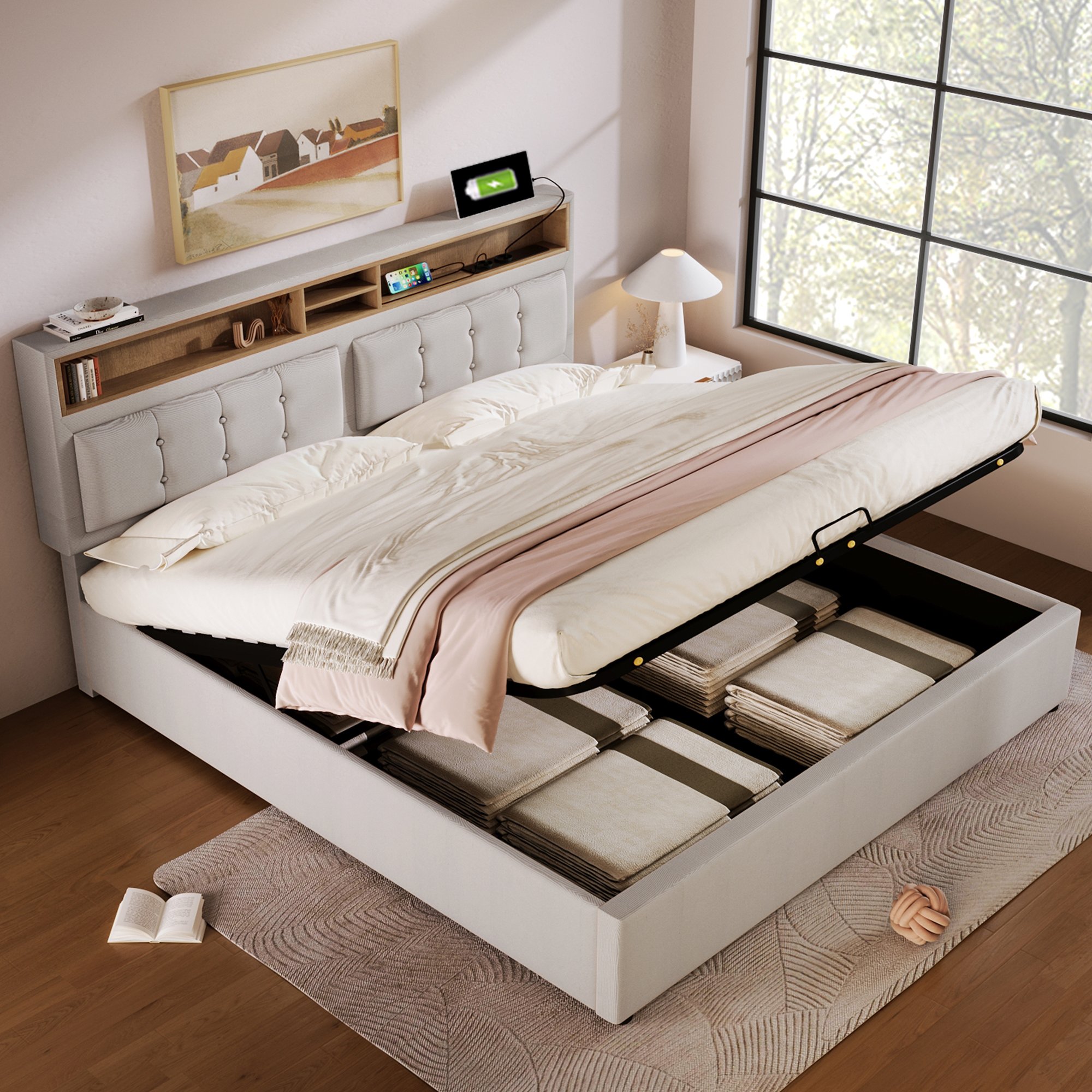 Lit double rembourré 140x200 avec sommier et matelas, rangement coffre hydraulique, tête de lit réglable USB Type-C, tissu lin beige