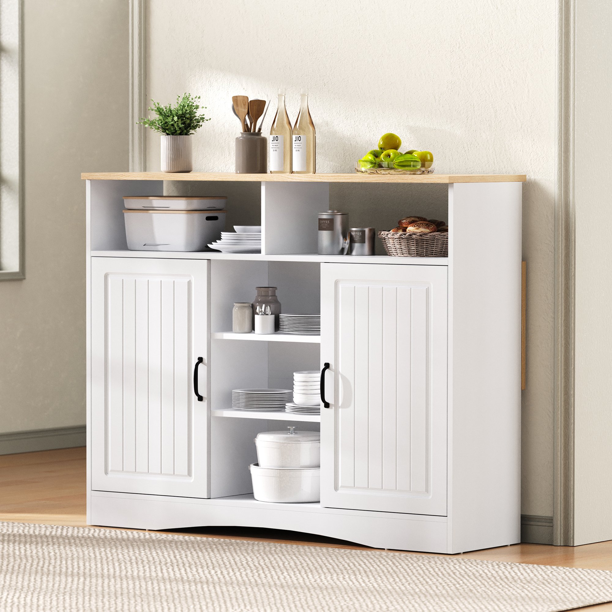 Îlot de cuisine en Panneau composite de fibres de bois à densité blanc avec plan rabattable, rangement intérieur, sur roulettes, dimensions 110x34x97,5 cm