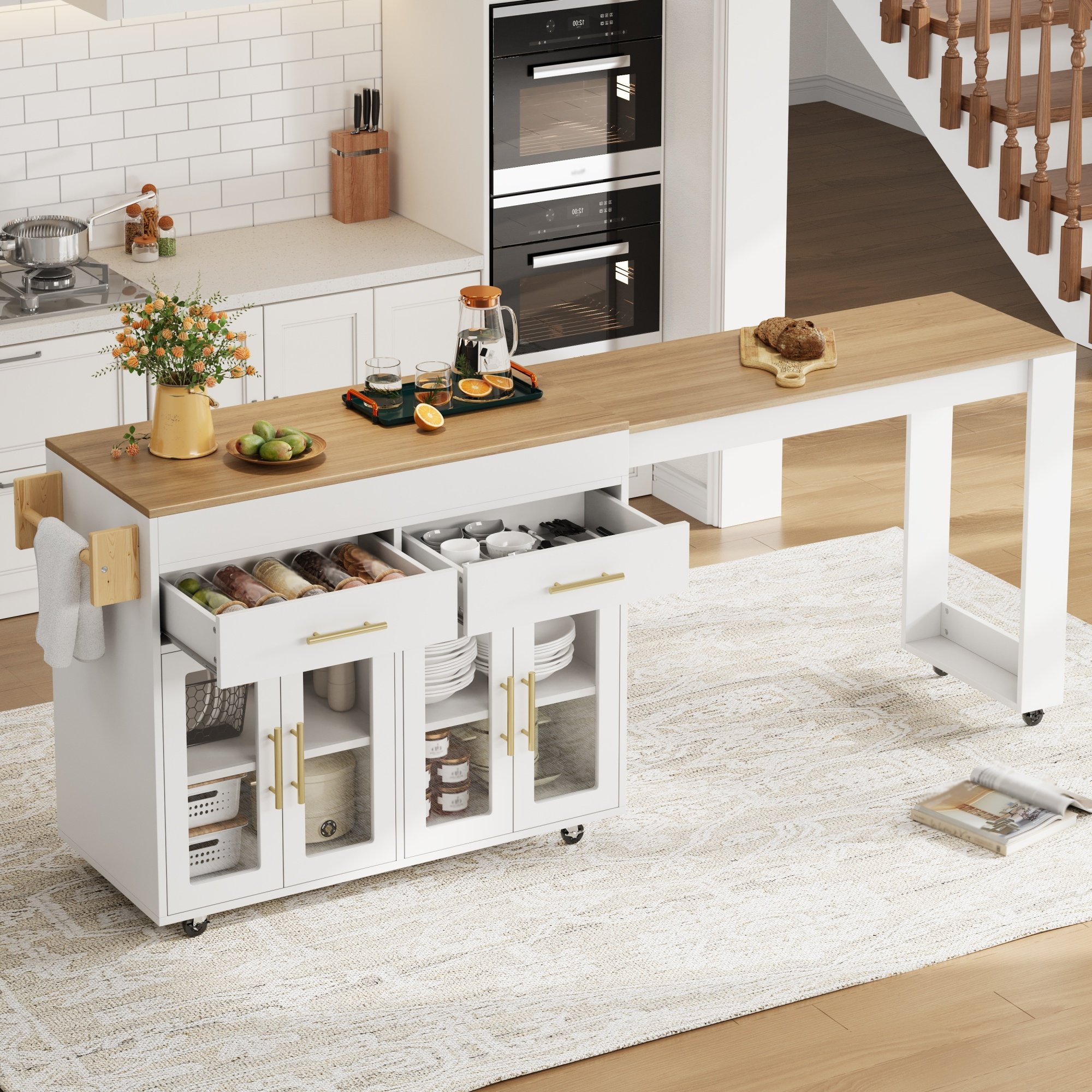 Îlot de cuisine extensible avec plan de travail, rangement et table de bar intégrée, sur roulettes, blanc