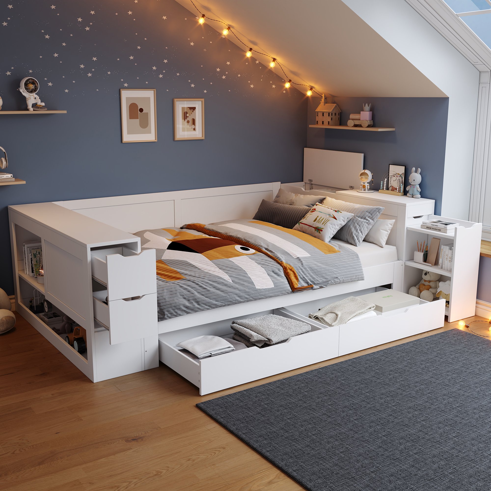 Lit coffre 140x200 blanc en Panneau composite de fibres de bois à densité avec tiroirs et étagères, structure robuste pour adolescent ou enfant, sans matelas