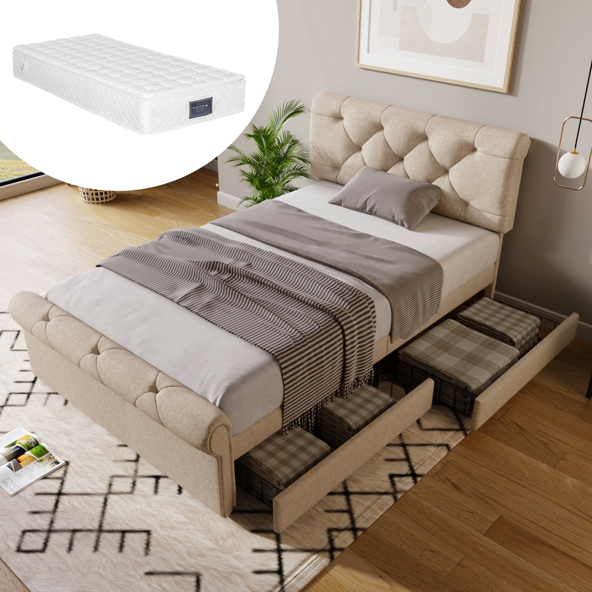 Lit coffre 90x200 cm avec matelas et sommier, tête de lit rembourrée ajustable Chesterfield, 2 tiroirs rangement, tissu lin naturel