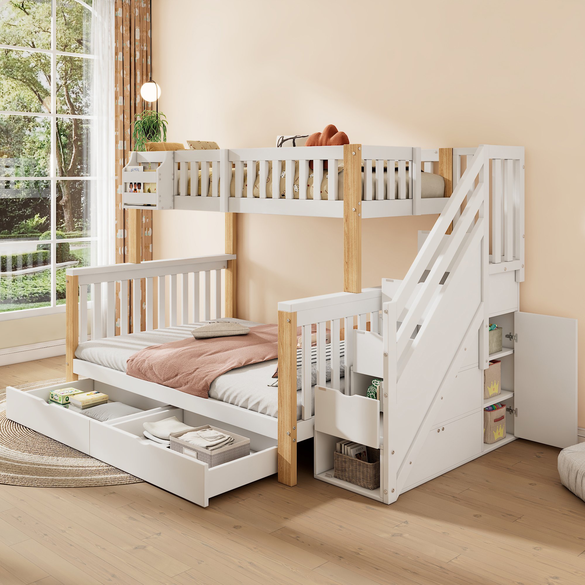 Lit superposé enfant en bois massif blanc et naturel avec escalier de rangement, tiroirs et sommier à lattes, sans matelas