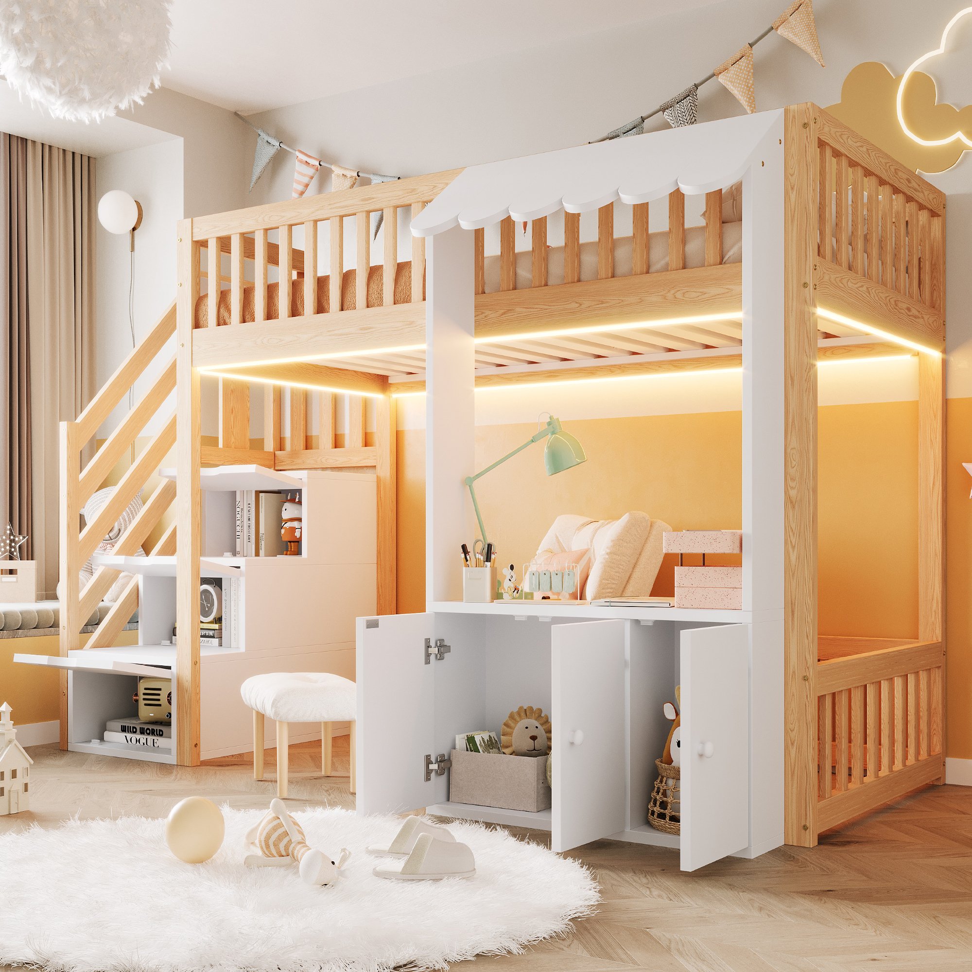 Lit mezzanine 90x200 en bois avec rangements, LED multicolore et échelle de rangement