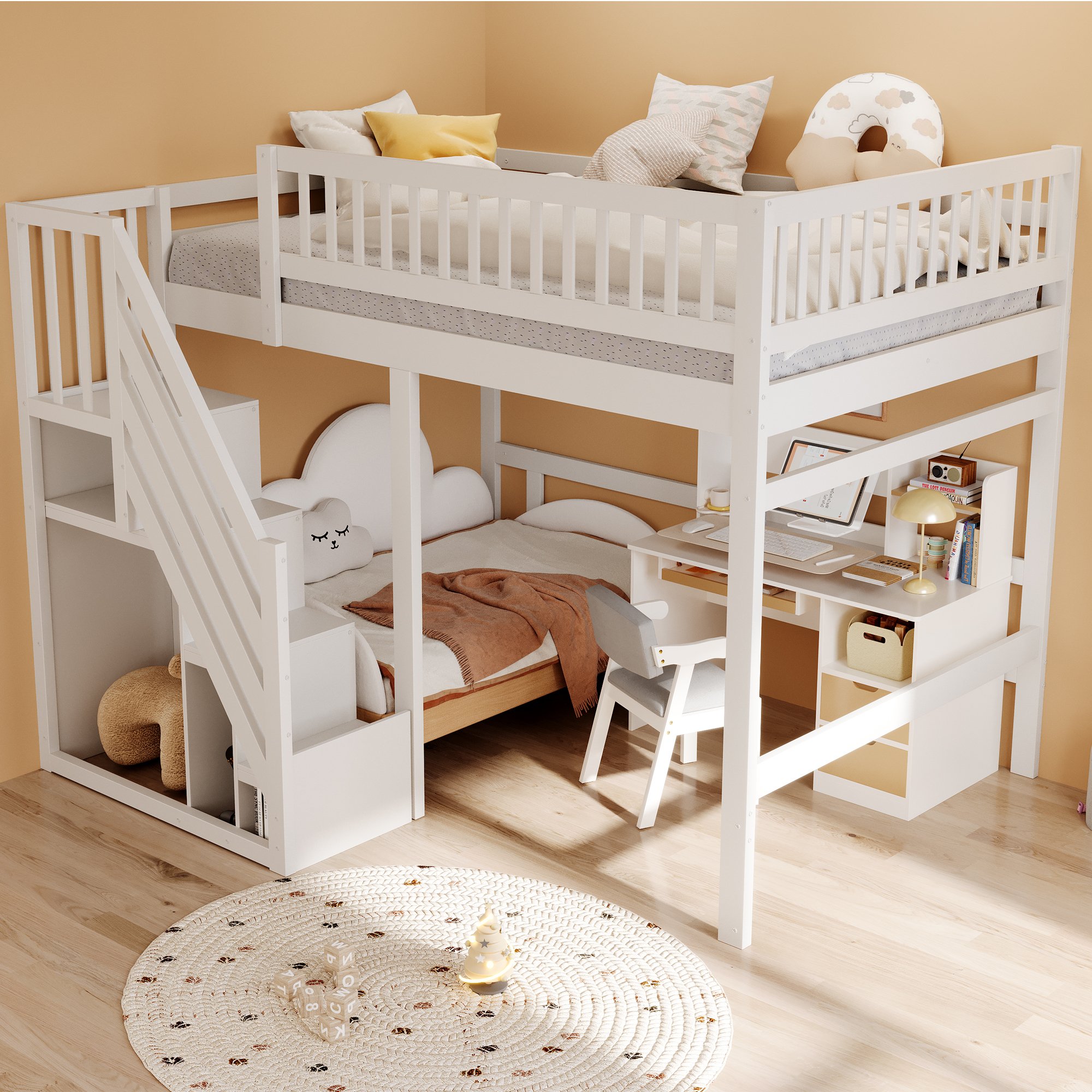 Lit enfant 140x200 en bois massif blanc avec rangement et barrière de sécurité
