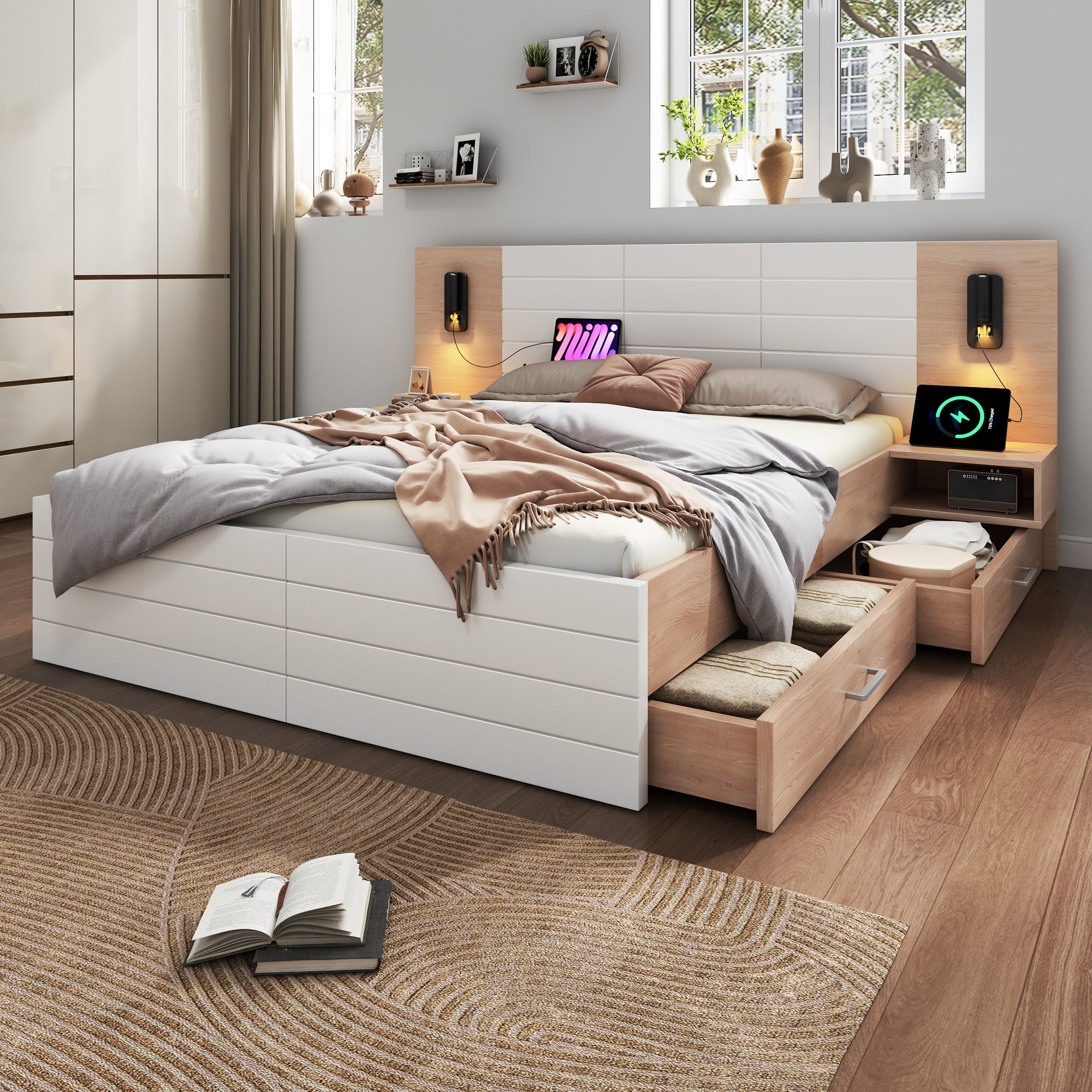Lit coffre 160x200 avec tête de lit LED pivotante et port USB, sommier à lattes ventilé, 2 tiroirs rangement sous le lit