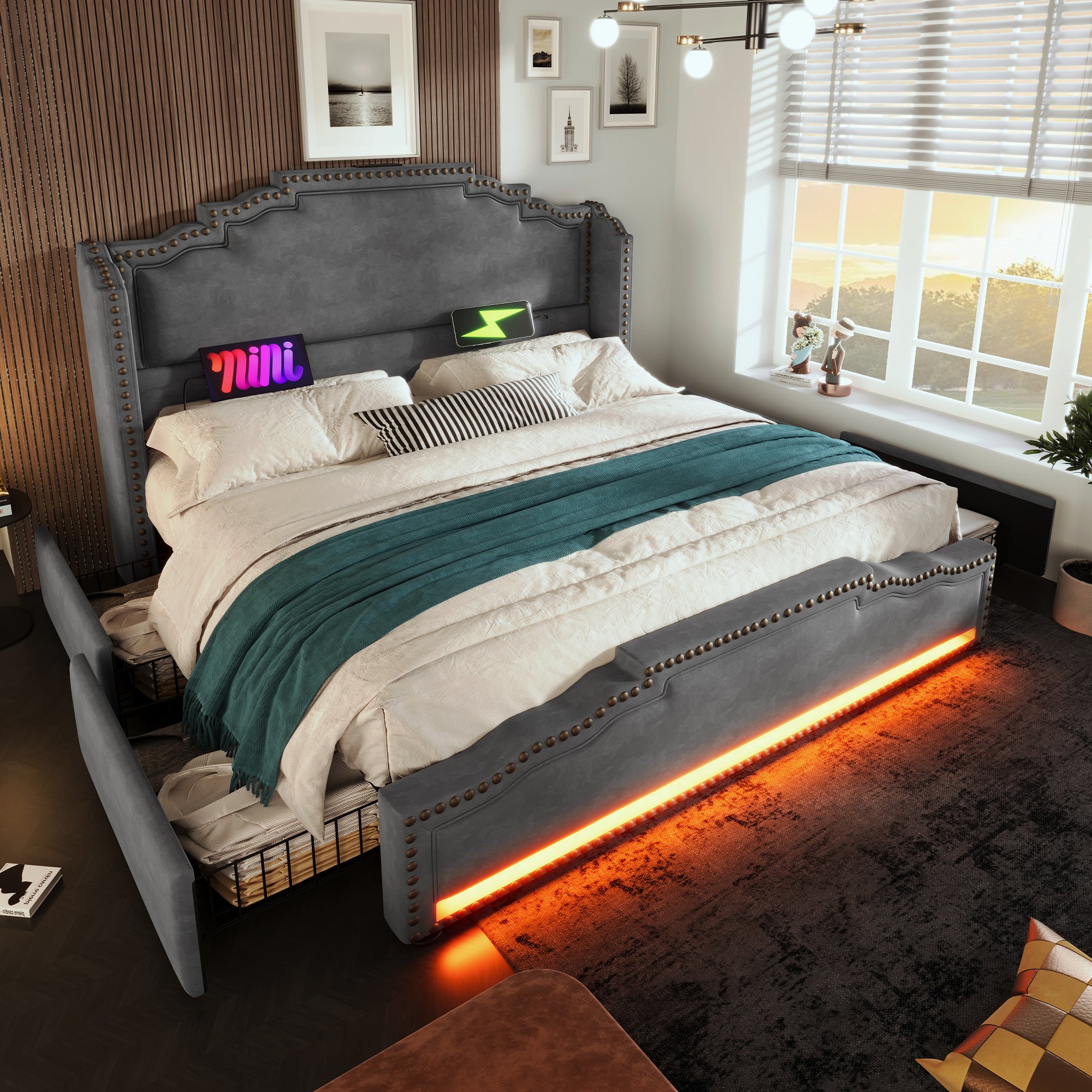lit coffre 160x200 en métal et velours gris avec tête de lit capitonnée et LED
