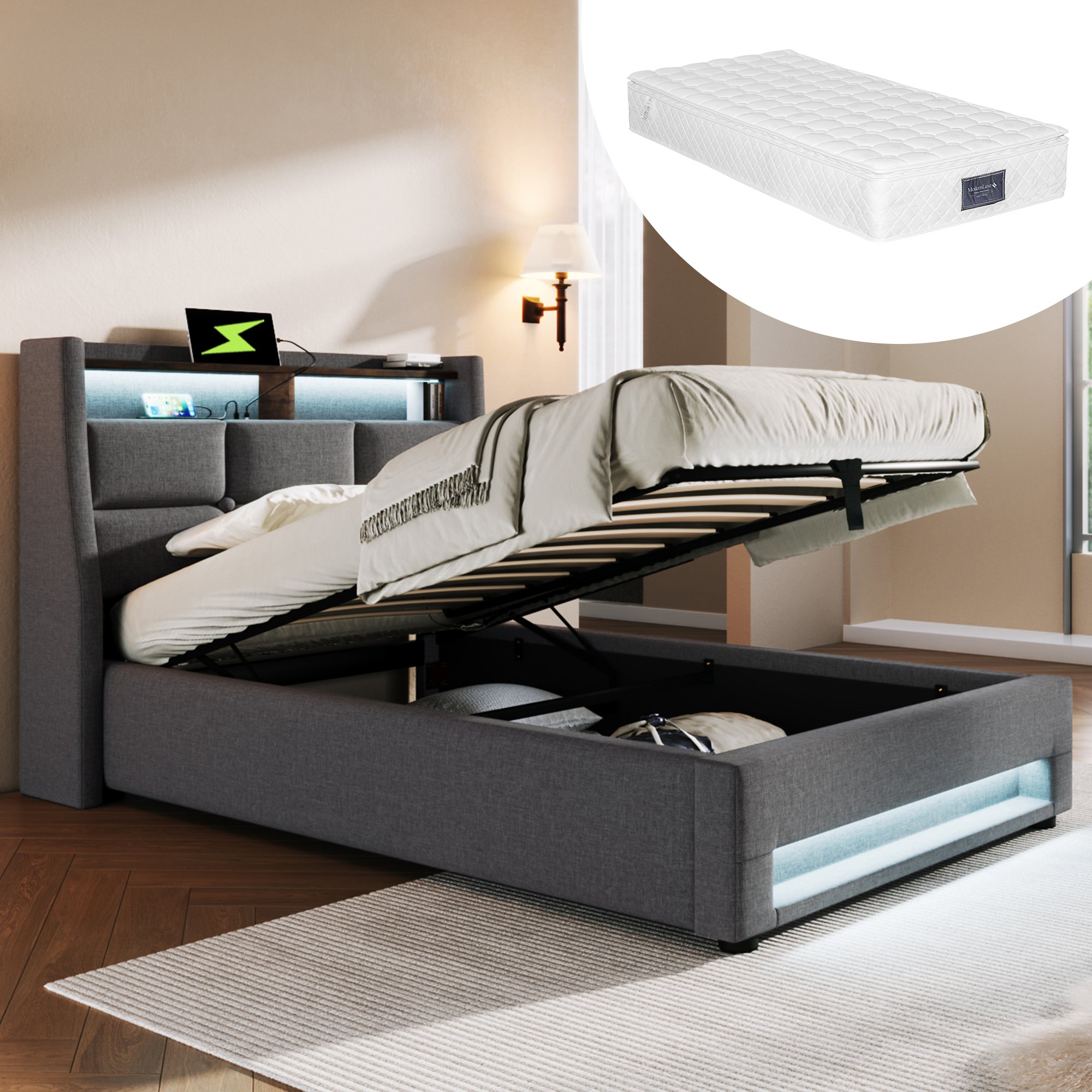Lit coffre 90x200 avec LED et USB, lit rembourré gris en lin avec sommier à lattes et matelas inclus
