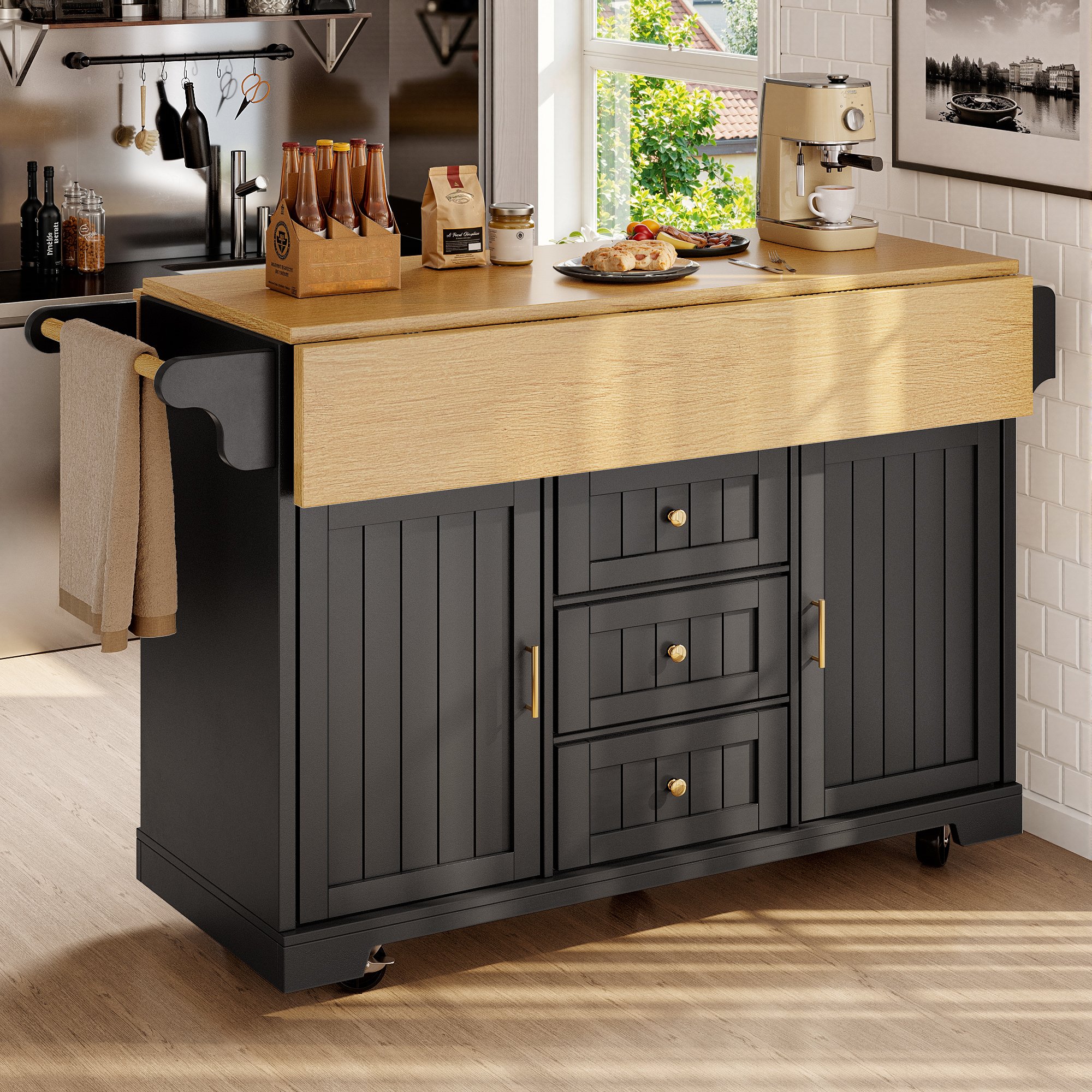 Îlot de cuisine extensible avec rangement, table pliante, noir et blanc, sur roulettes, 120x80x95 cm, 3 tiroirs et 2 portes