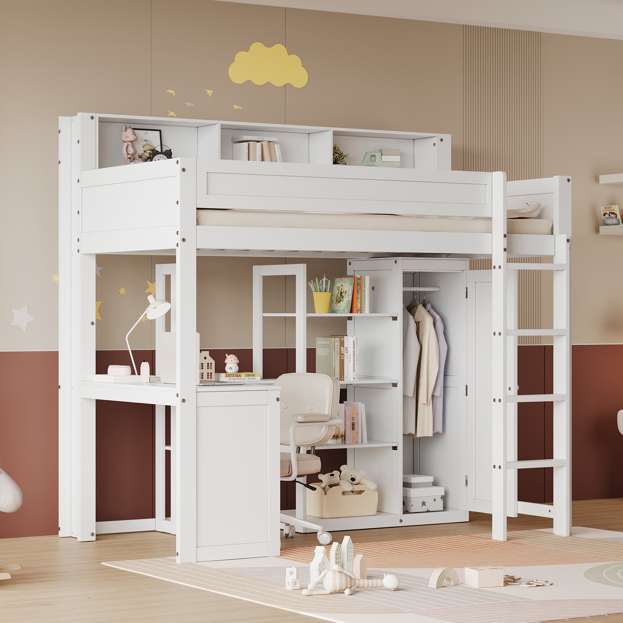 Lit superposé 90x200 cm, 2 couchages, avec rangements, bureau et armoire, blanc