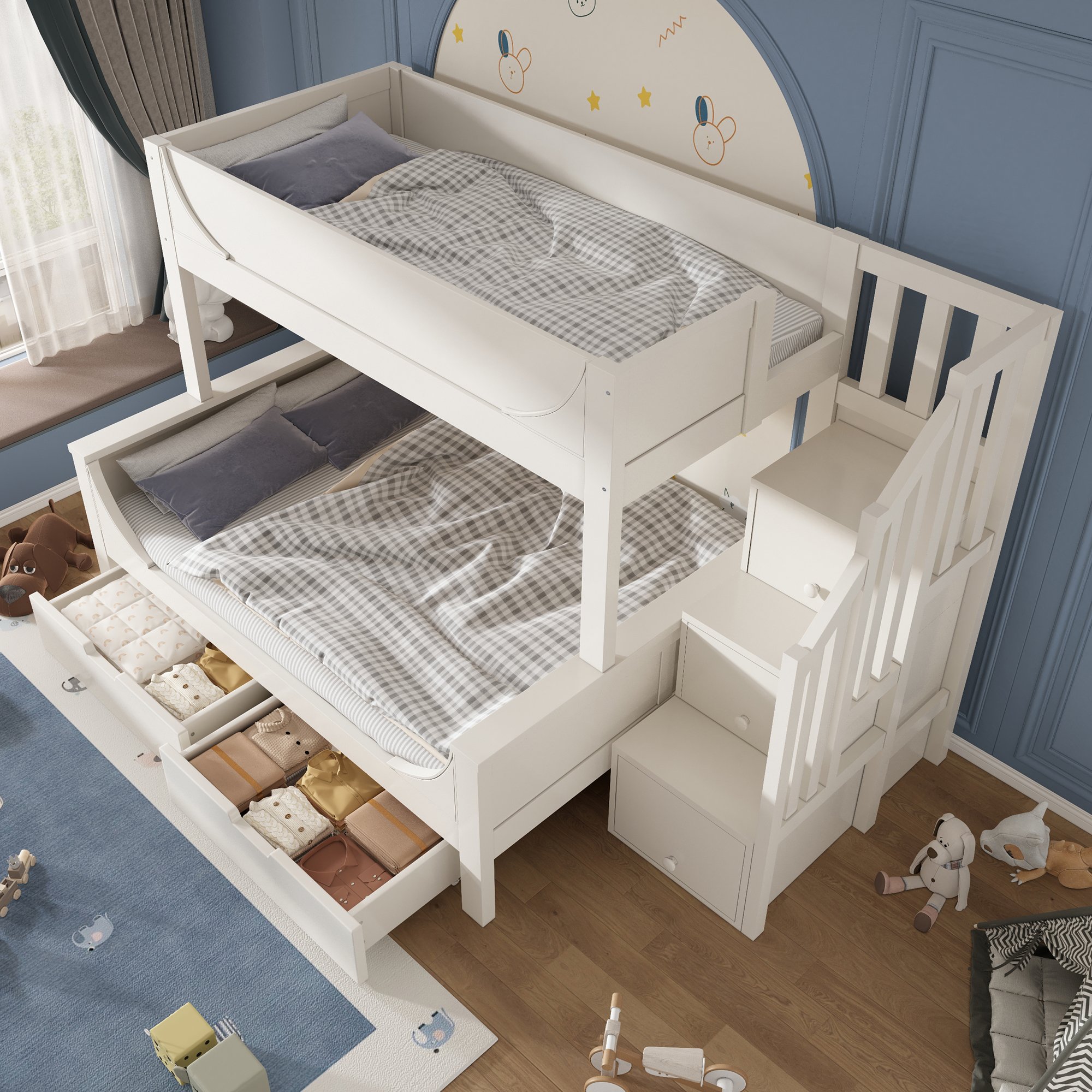 Lit superposé enfant blanc en bois massif et métal avec escalier armoire et tiroirs sous le lit double 90x200 et 140x200 cm