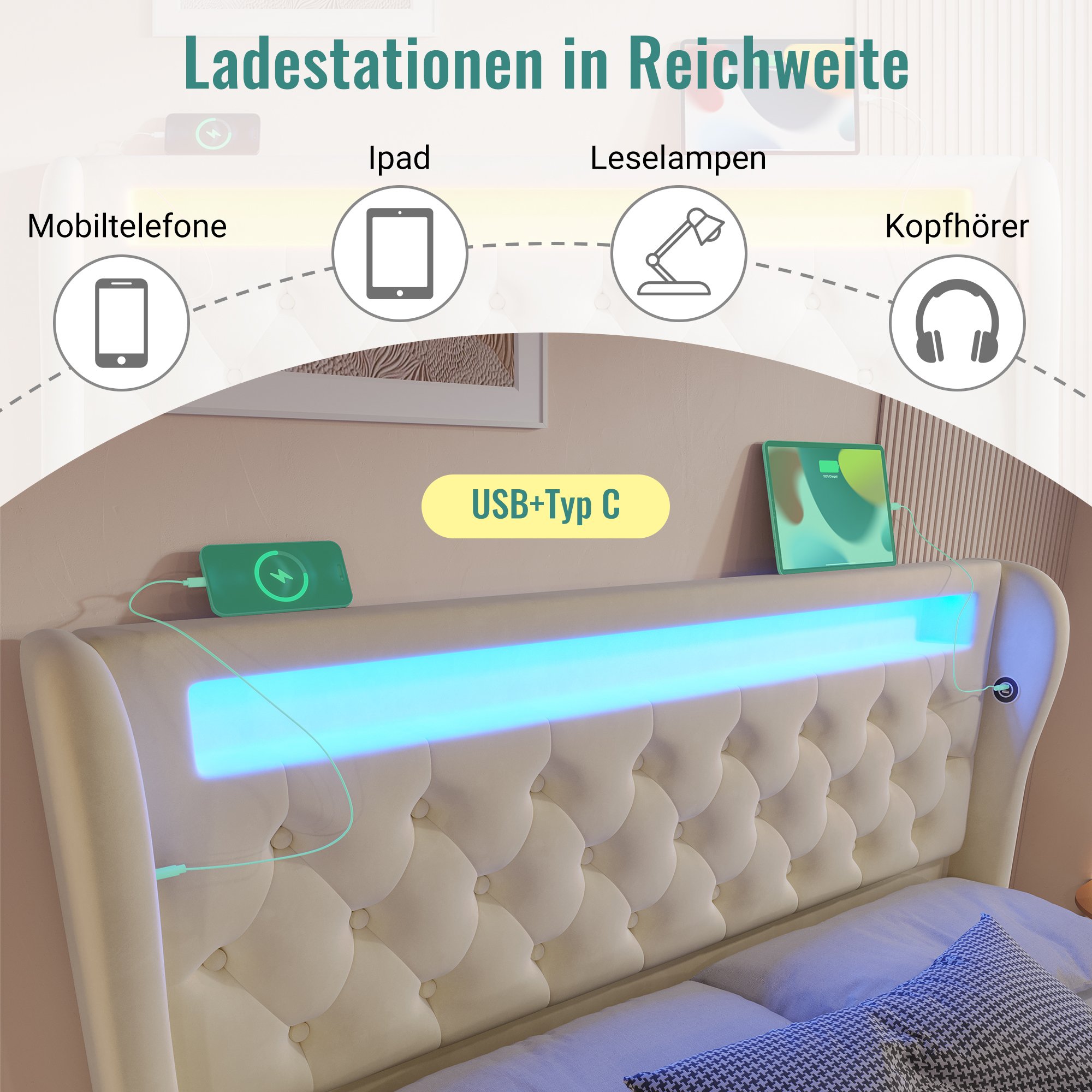 lit coffre 140x200 en velours beige avec rangement hydraulique, LED et ports USB Type-C