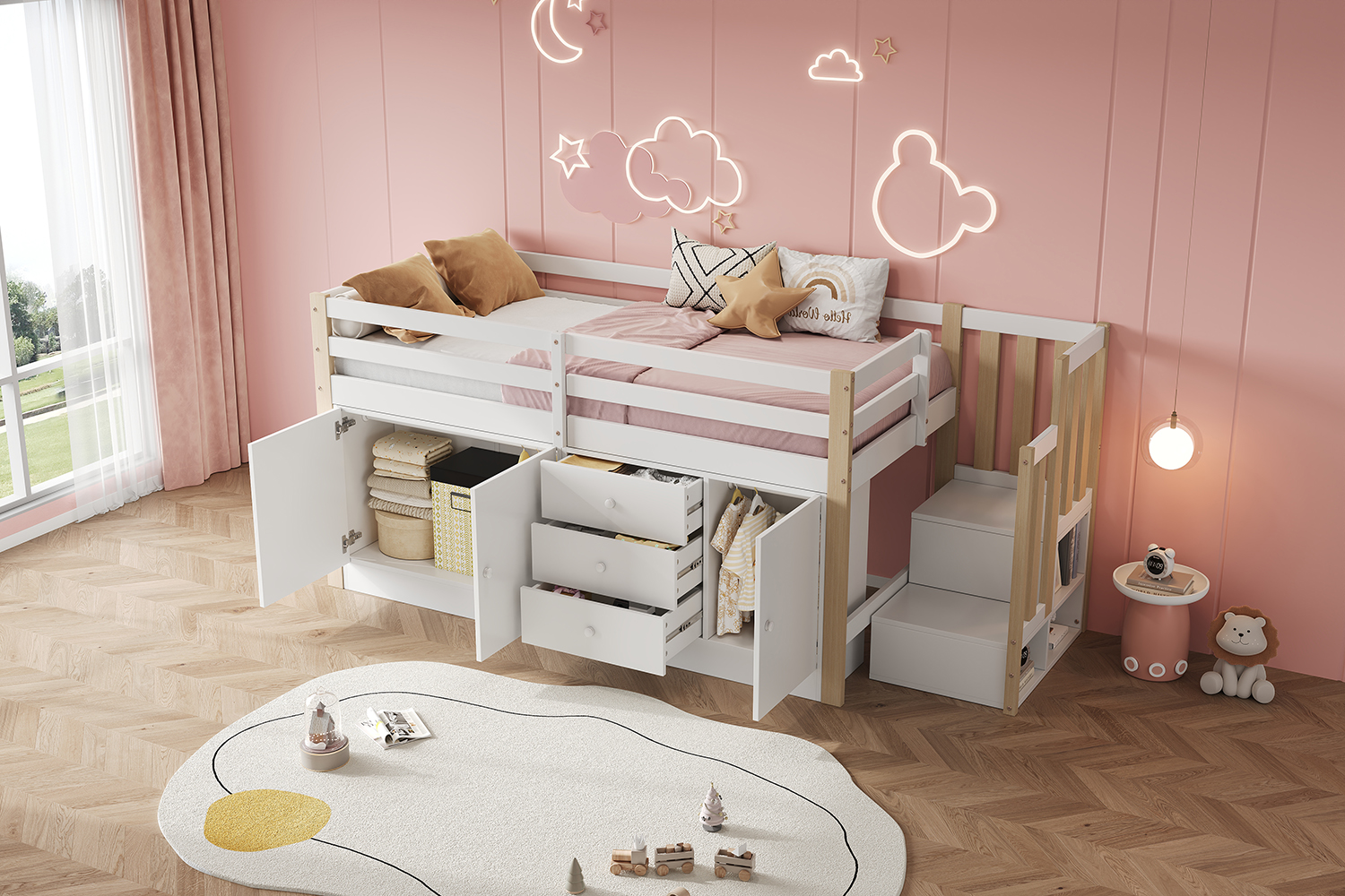 Lit mezzanine enfant blanc 90x200 avec escalier, tiroirs et armoires de rangement pour chambre d'enfant sans matelas