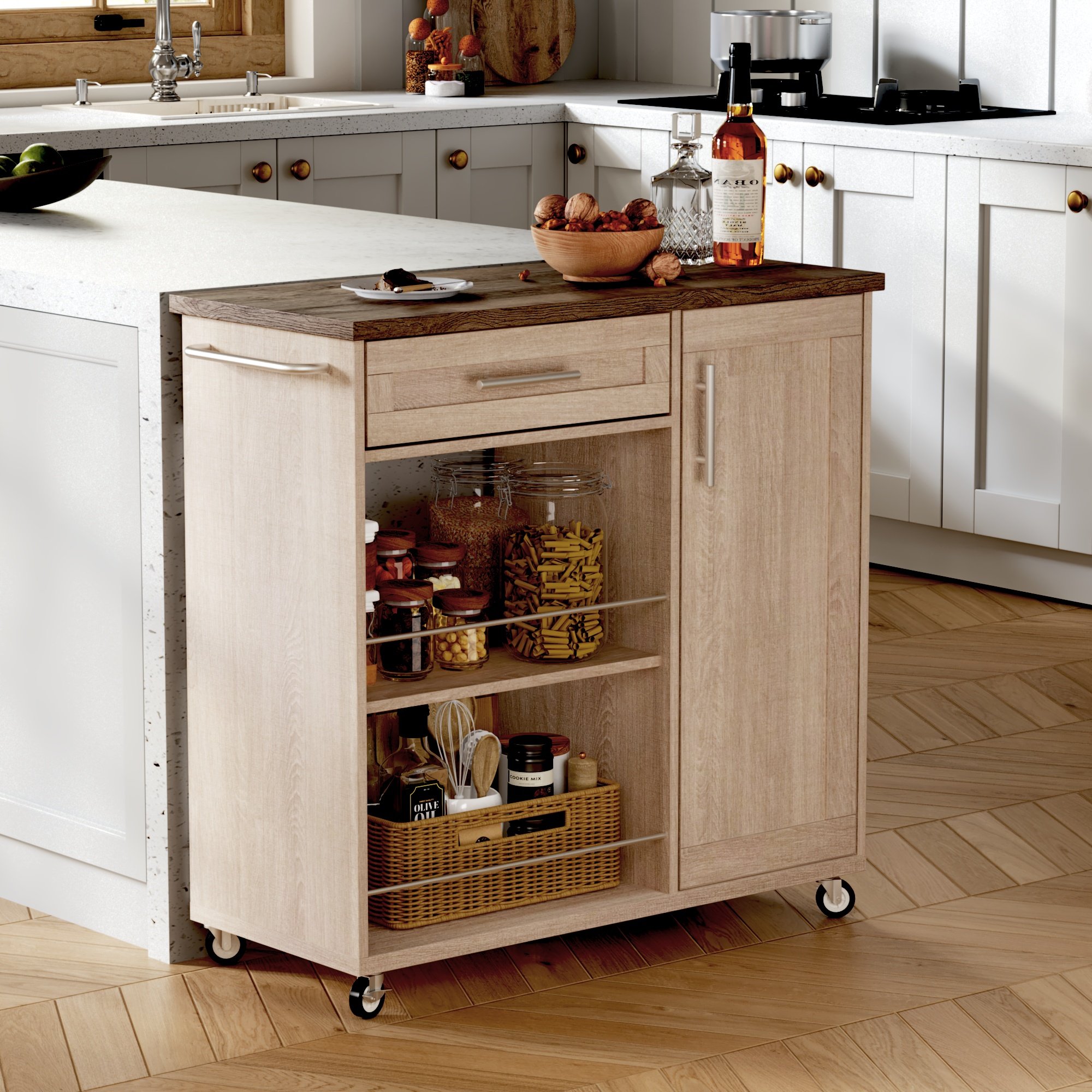 Îlot de cuisine sur roulettes 90x62x90 cm en Panneau composite de fibres de bois à densité avec rangement, tiroir, placard et étagères, style chêne sonoma