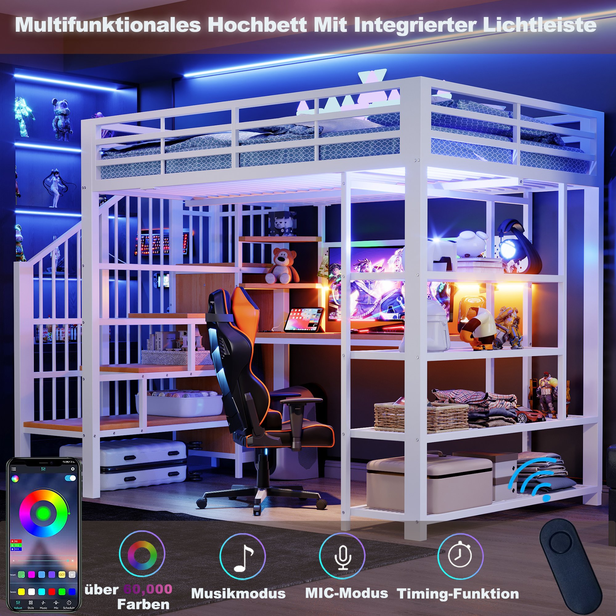 Lit mezzanine 140x200 blanc métal avec bureau, rangements, LED et prises intégrées