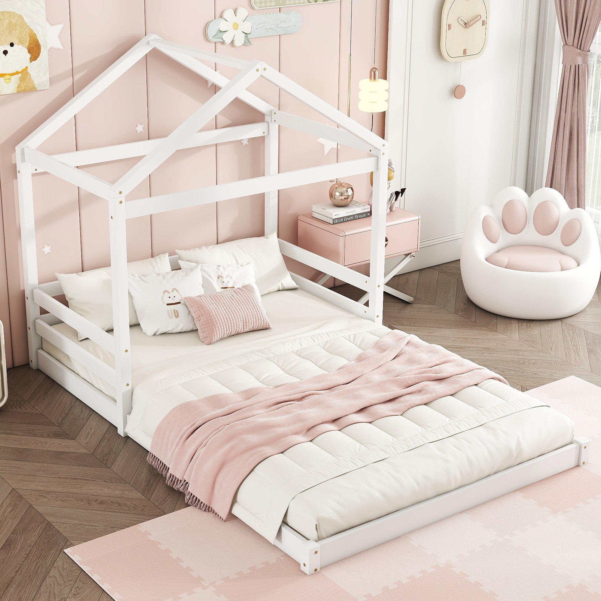 Lit cabane enfant avec sommier intégré et design maison, 140x200 cm