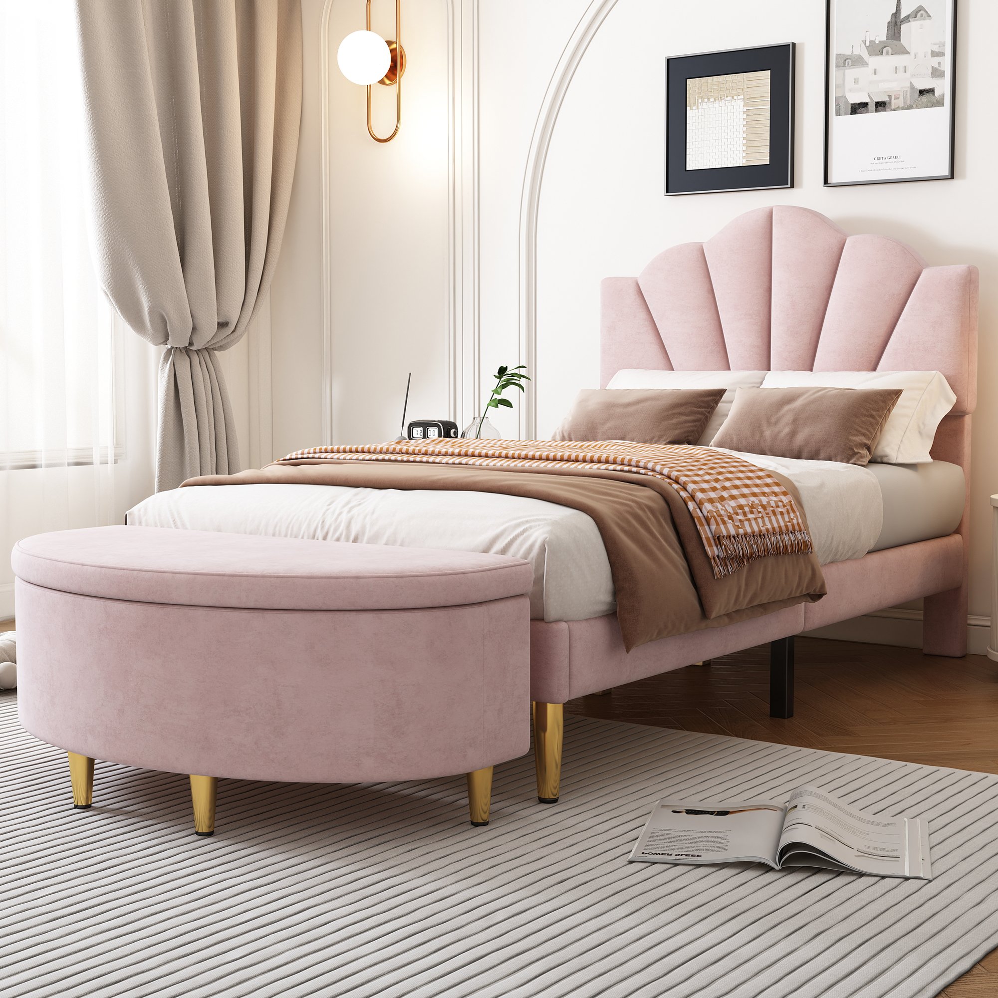 Lit coffre 90x200 rembourré velours rose cadre bois massif et métal pieds or design élégant tête de lit capitonnée confortable