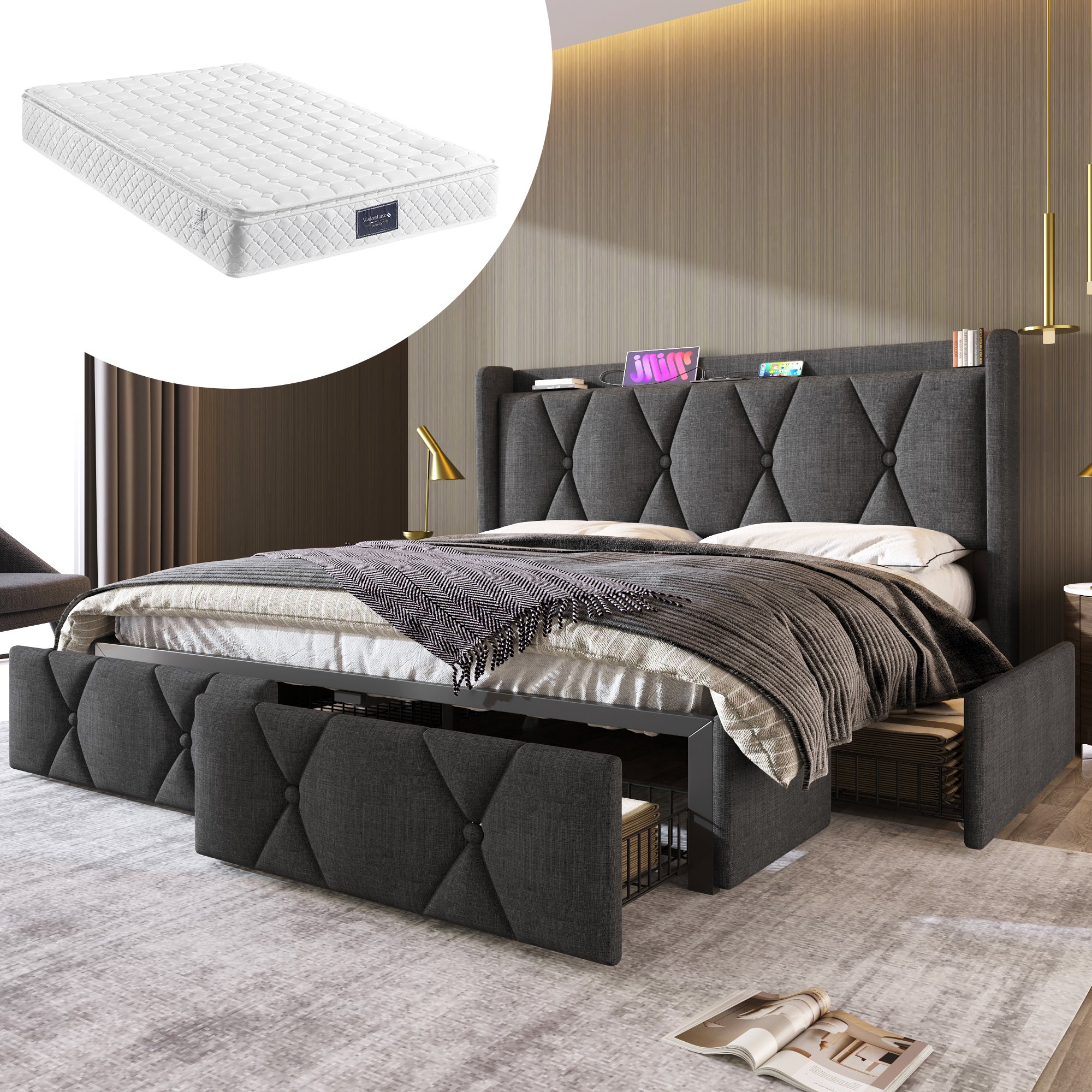 Cadre de lit 140x200 en tissu lin gris capitonné, structure robuste avec 4 tiroirs, livré avec matelas et sommier à lattes