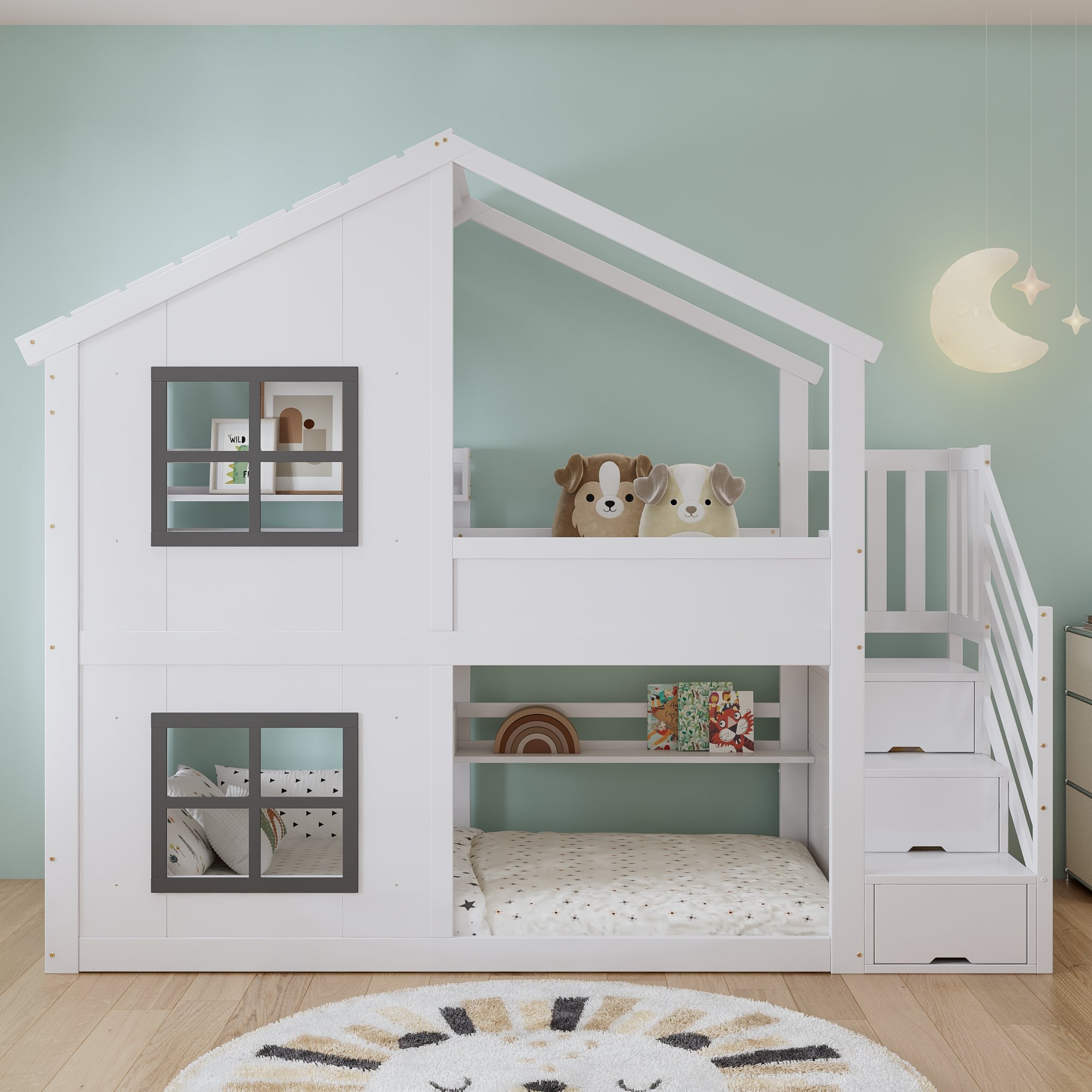 Lit superposé enfant 90x200 en pin blanc et gris avec rangement et fenêtres