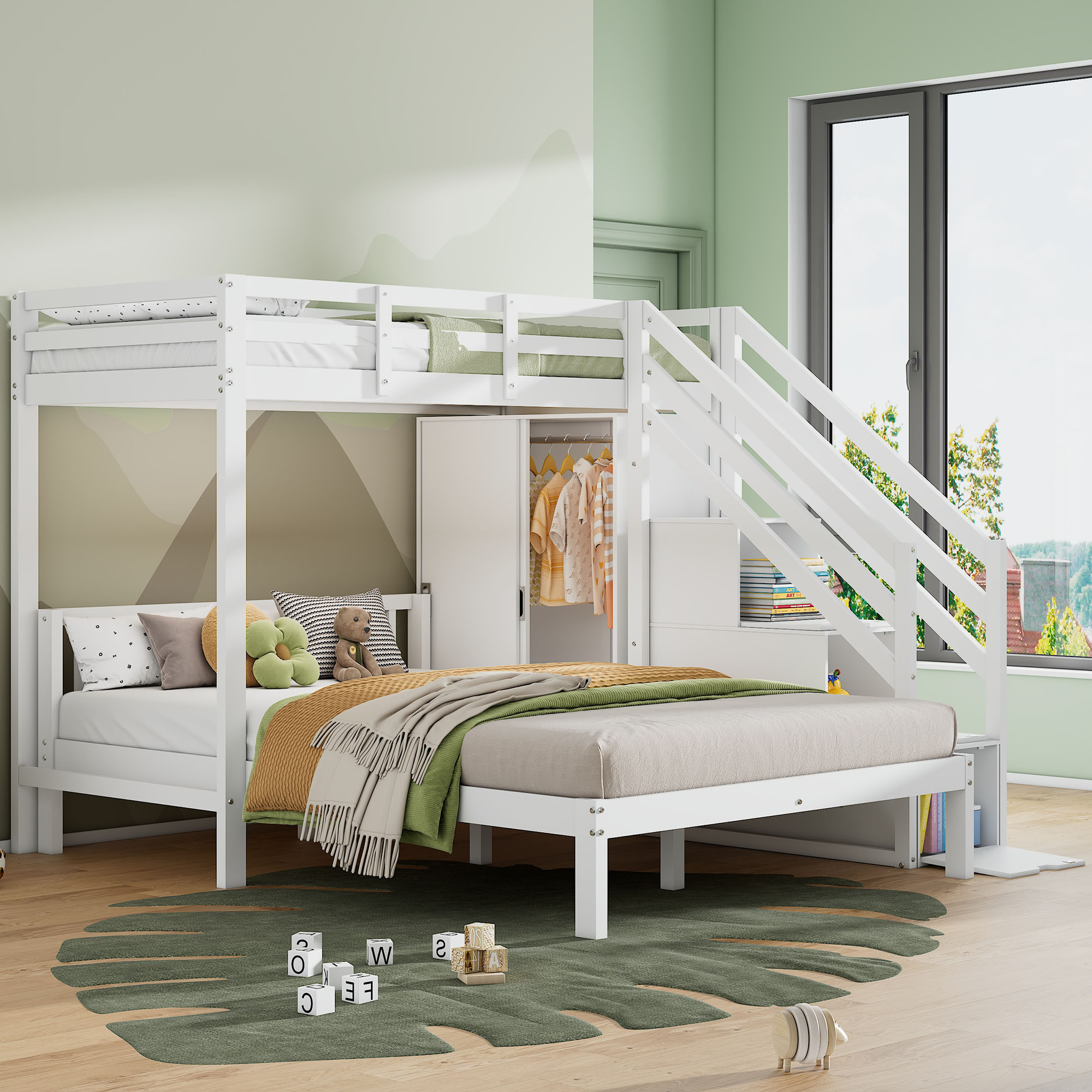 Lit superposé enfant blanc 90x200 et 140x200 cm en bois massif avec armoire, échelle de rangement et sommier à lattes