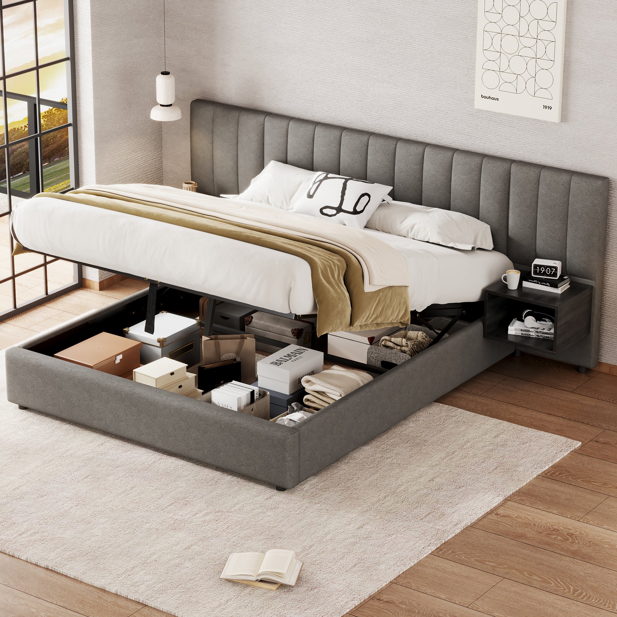 Lit coffre 160x200 cm pour adultes, capacité 300 kg, inclut sommier à lattes, tables de chevet et espace de rangement caché
