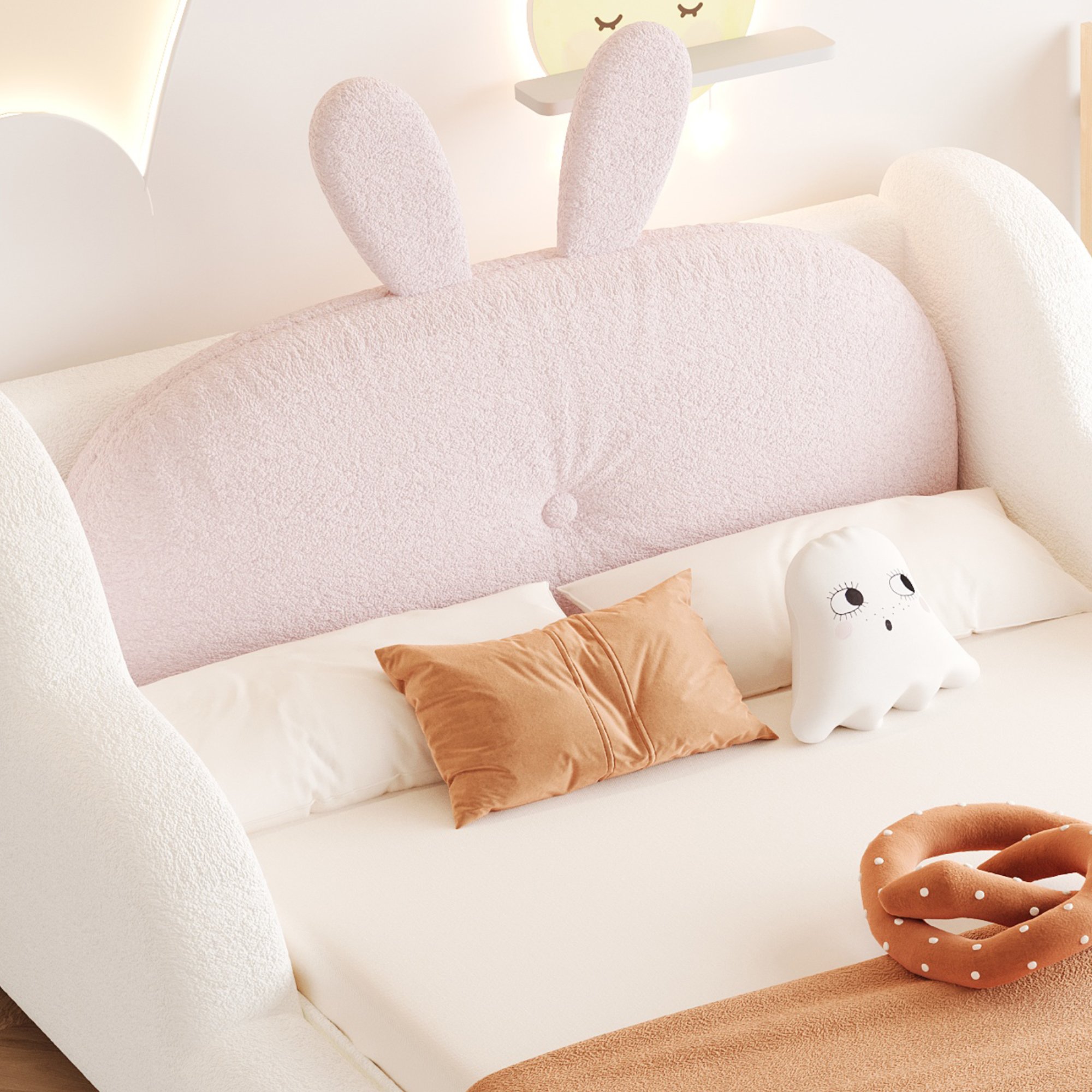 Lit enfant 90x200 avec barrières latérales nuage et coussin lapin, sécurité et confort, sans matelas