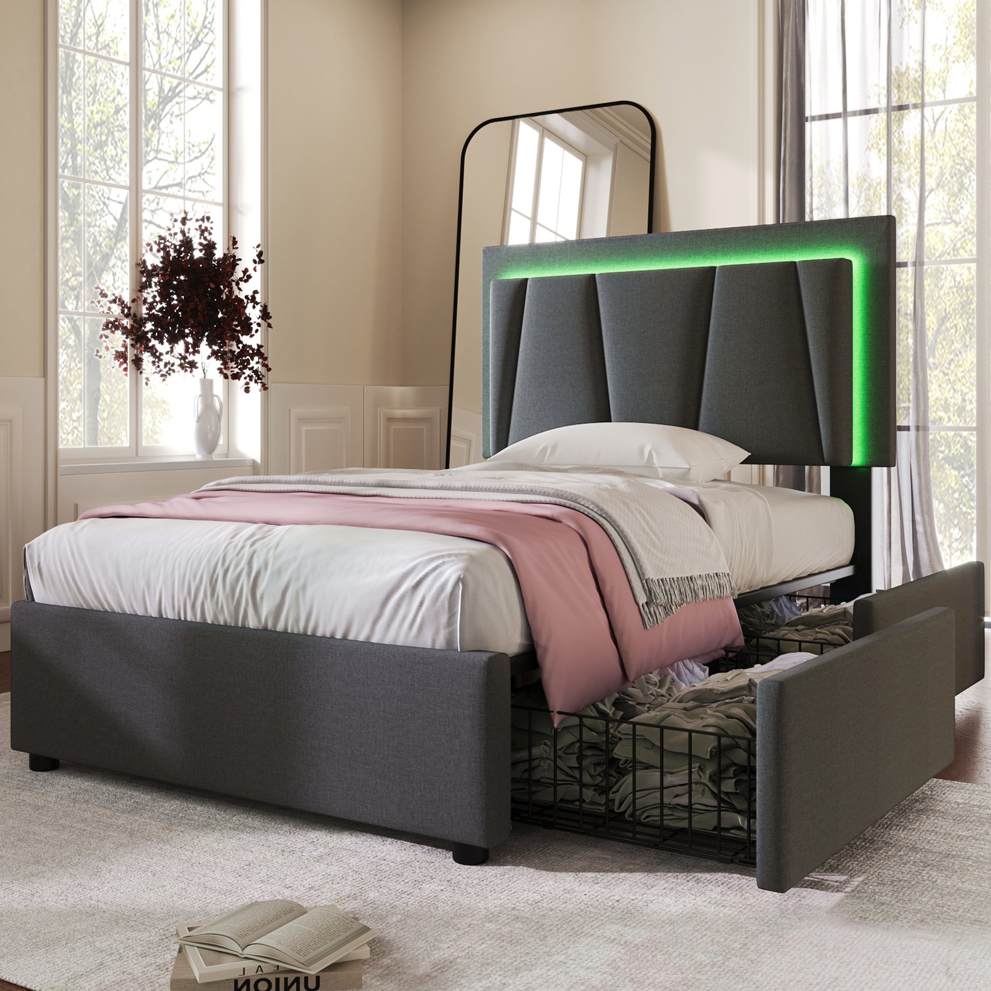 Lit coffre en métal avec revêtement tissu gris, tête de lit capitonnée et sommier bois, design contemporain durable