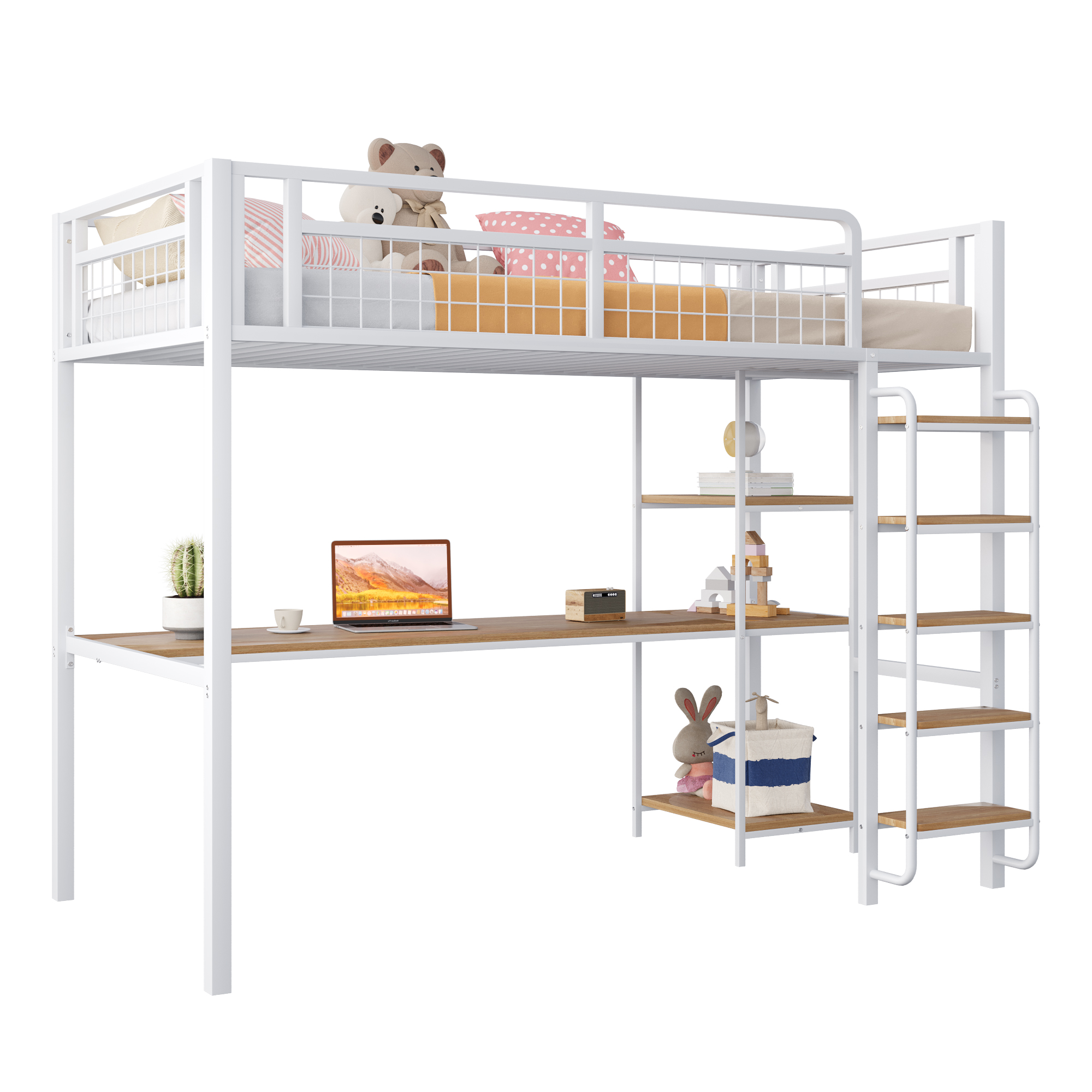 Lit mezzanine 90x200 avec bureau et rangements, échelle sécurisée, garde-corps, métal blanc
