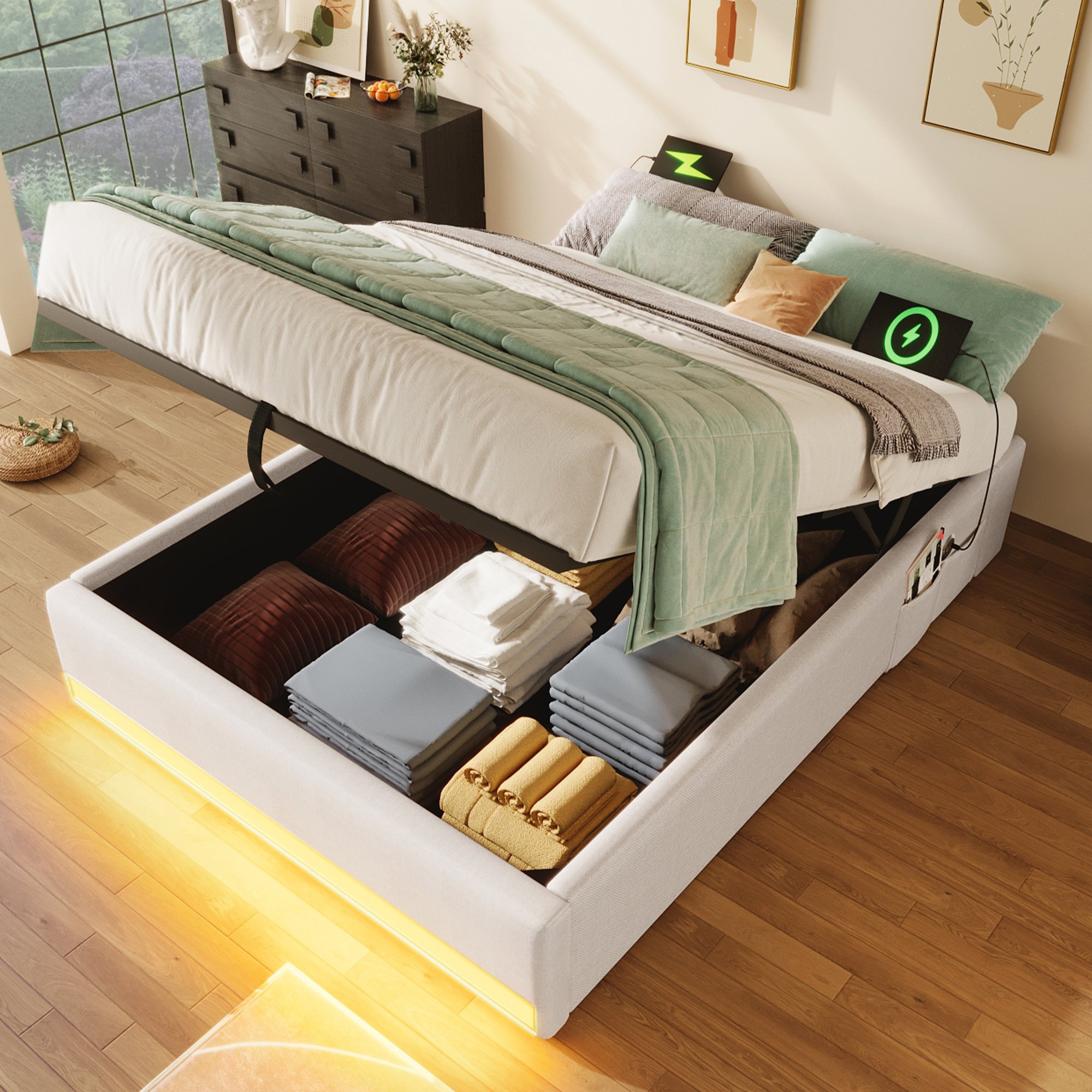Lit coffre 90x200 en lin beige avec rangement hydraulique, LED, USB et Type-C, sans tête de lit