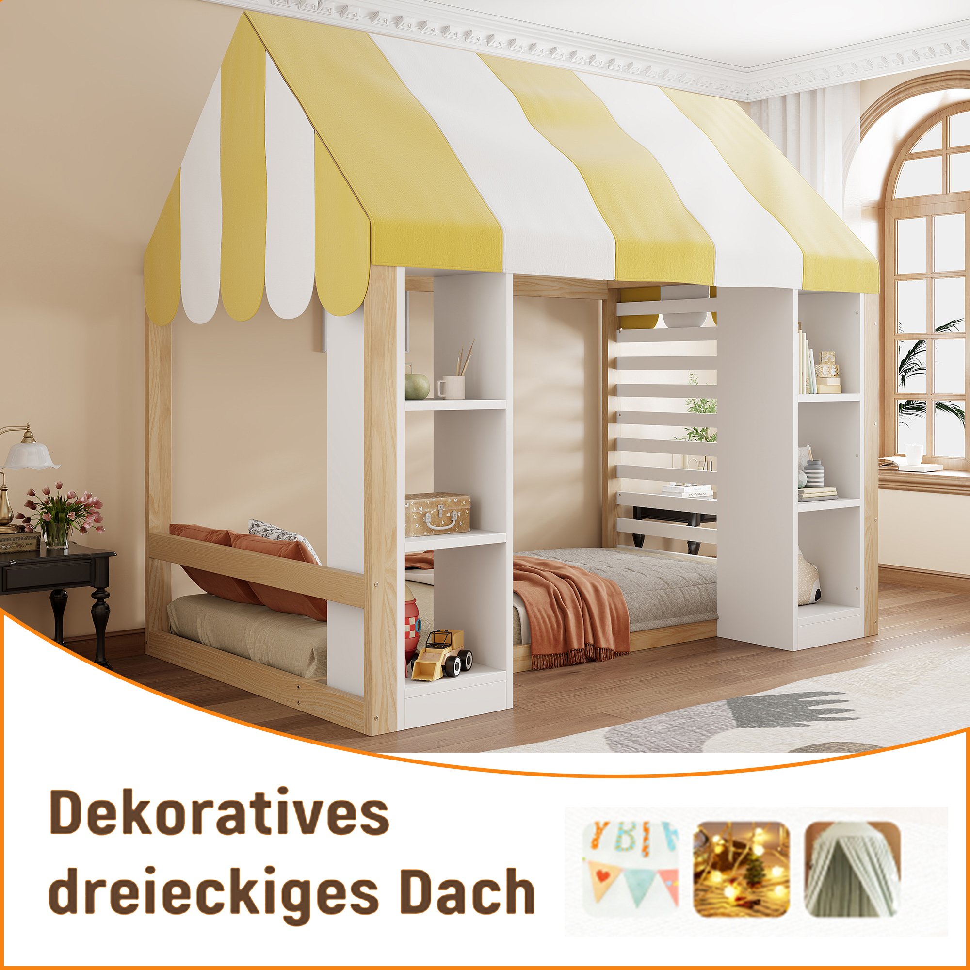 Lit mezzanine enfant avec rangement intégré et baldaquin, 90x200, bois et métal