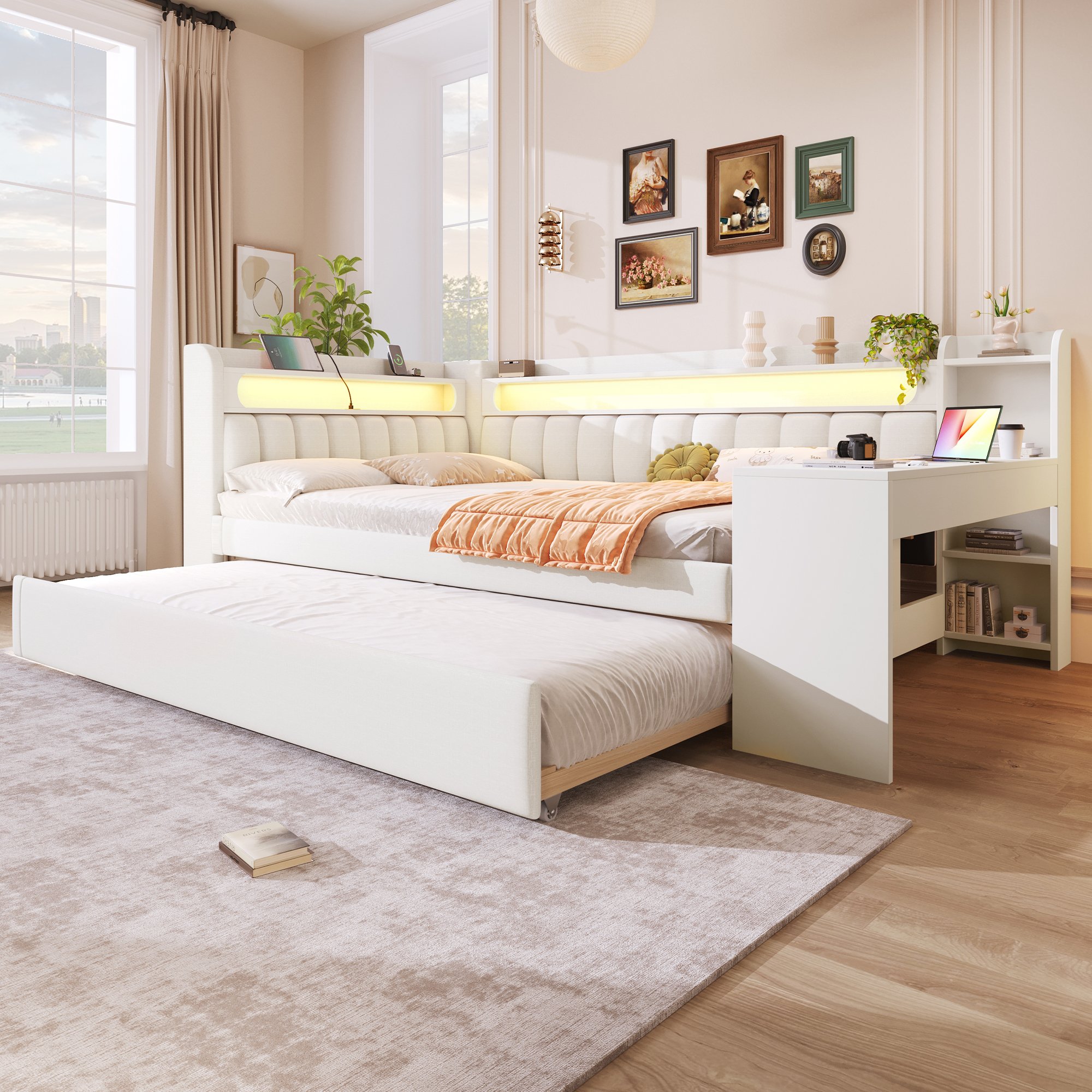 Lit gigogne avec tiroir 90x190, LED 7 couleurs et ports USB, couchage 140x200