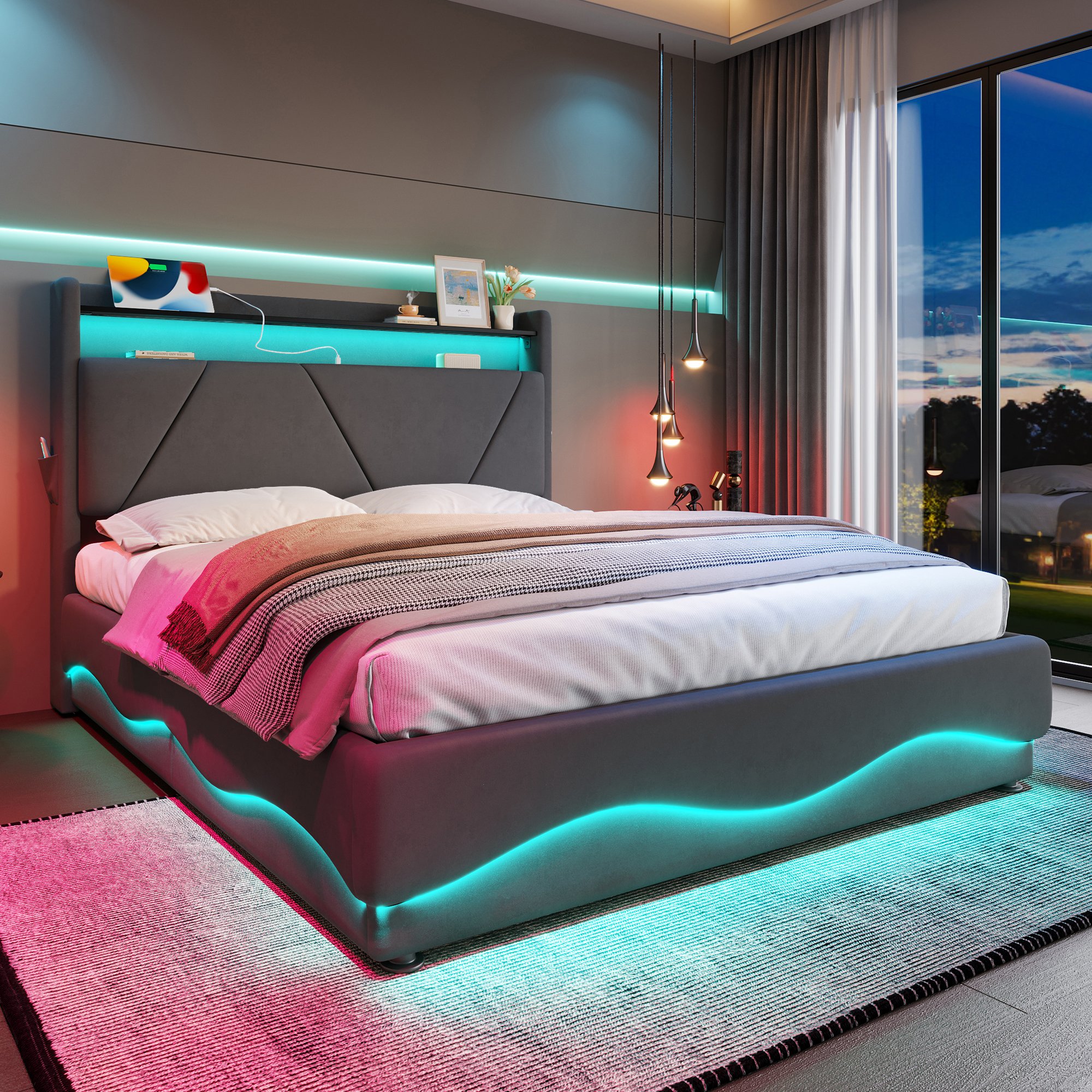 Lit coffre 140x200 velours gris avec LED, USB, rangement latéral et sommier relevable
