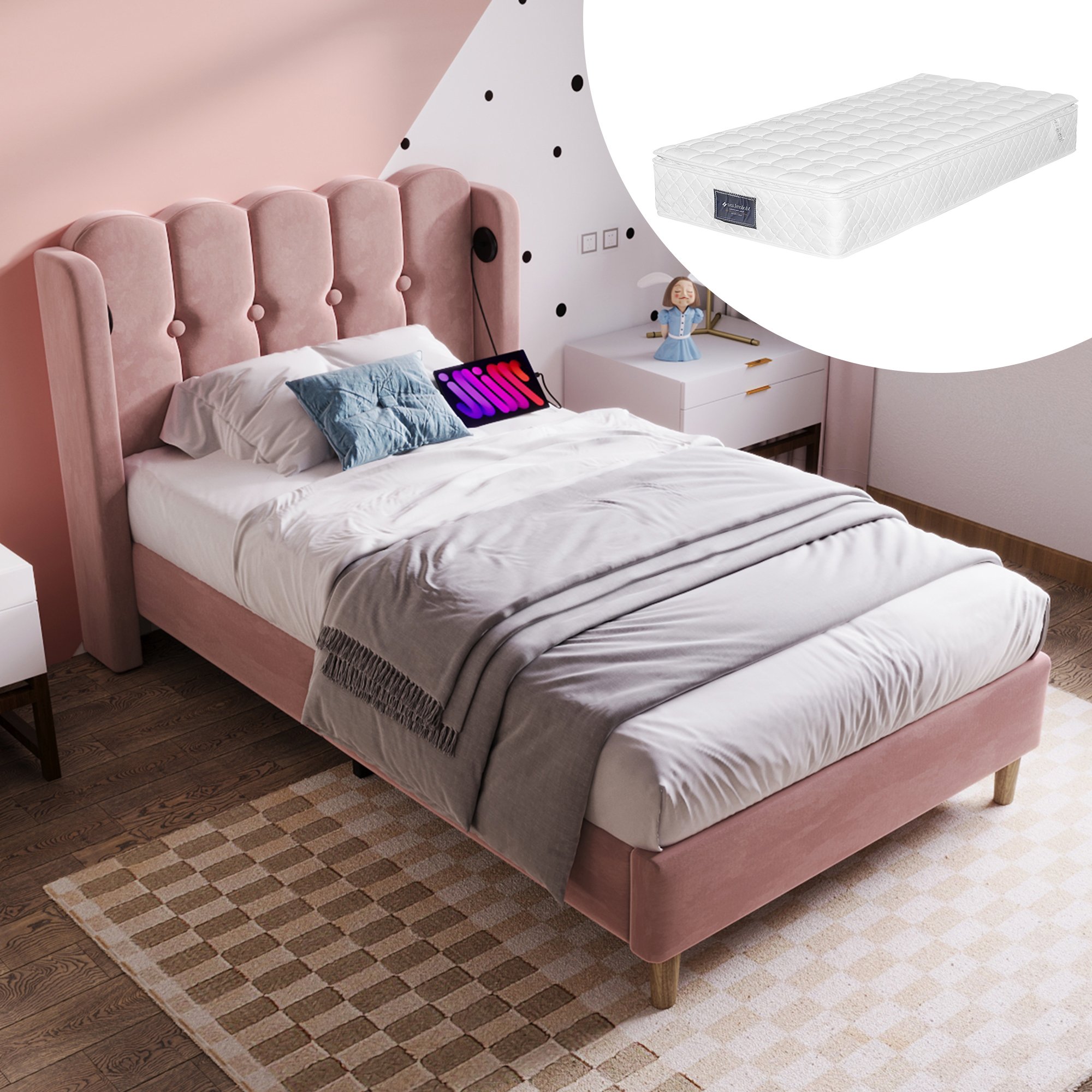 Lit simple rose velours avec USB Type-C et sommier à lattes, cadre de lit rembourré idéal pour chambre ado ou studio