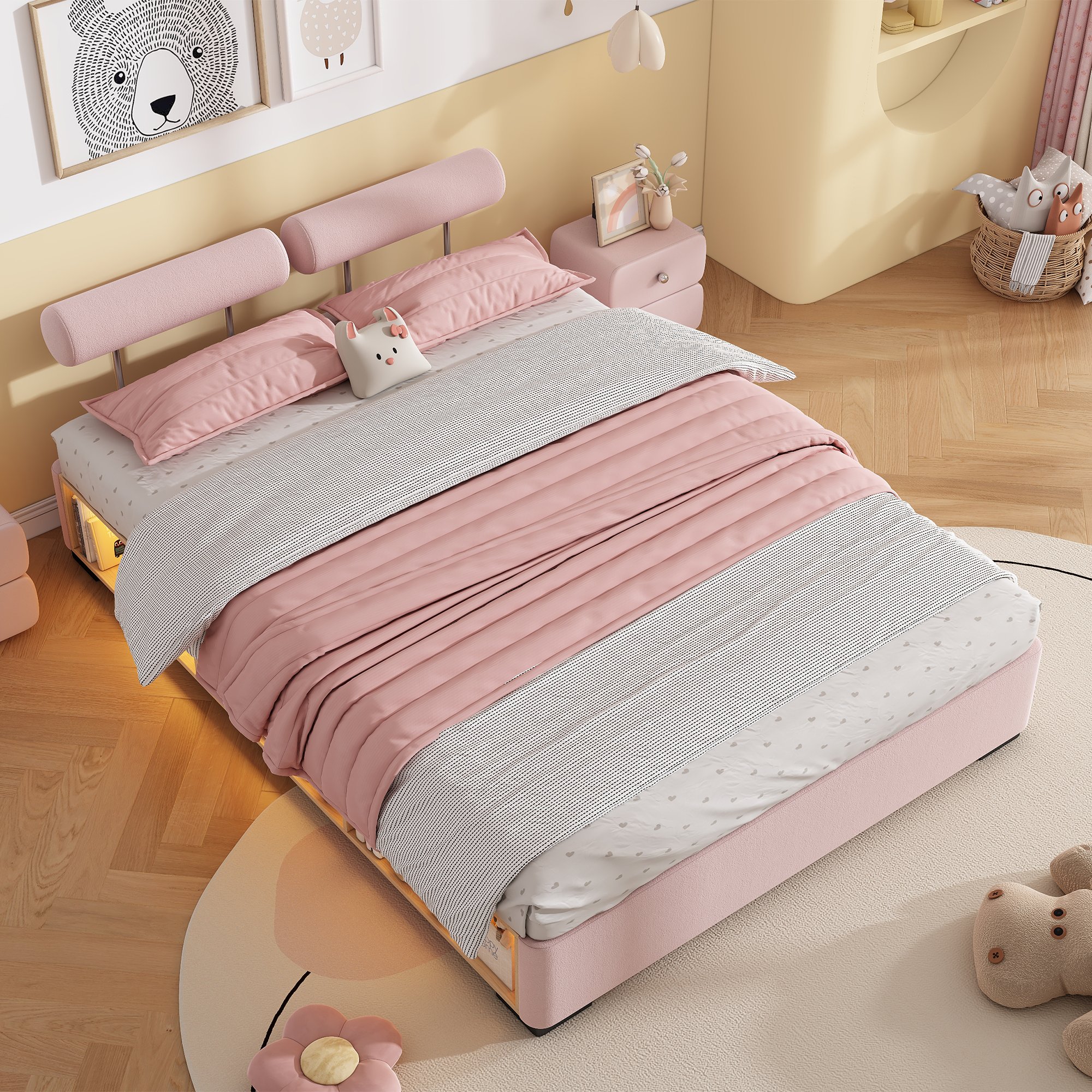 Lit coffre enfant 140x200 en velours rose avec rangement latéral et LED