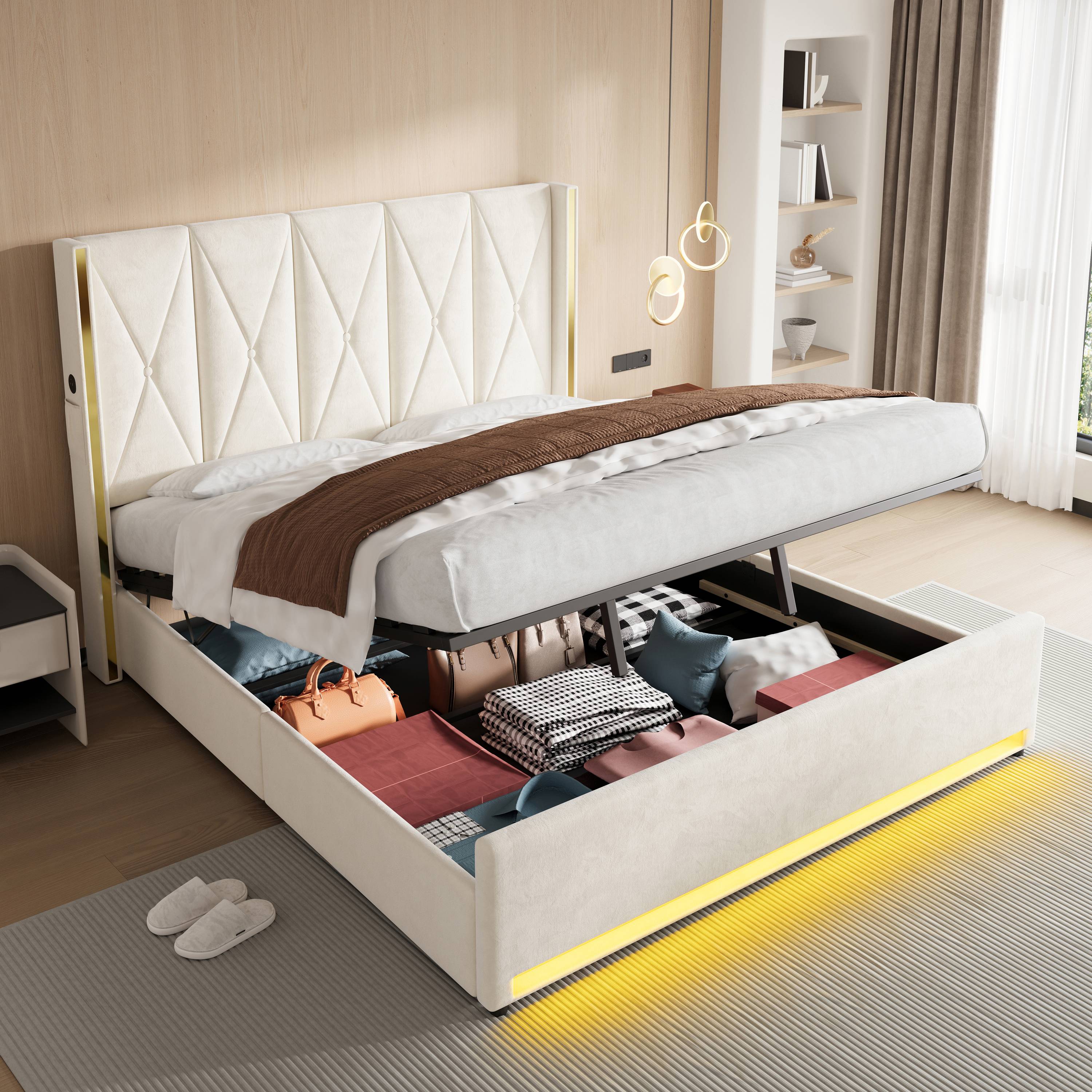Lit coffre double 180x200 en velours beige, tête de lit rembourrée, rangement sous sommier, LED et USB