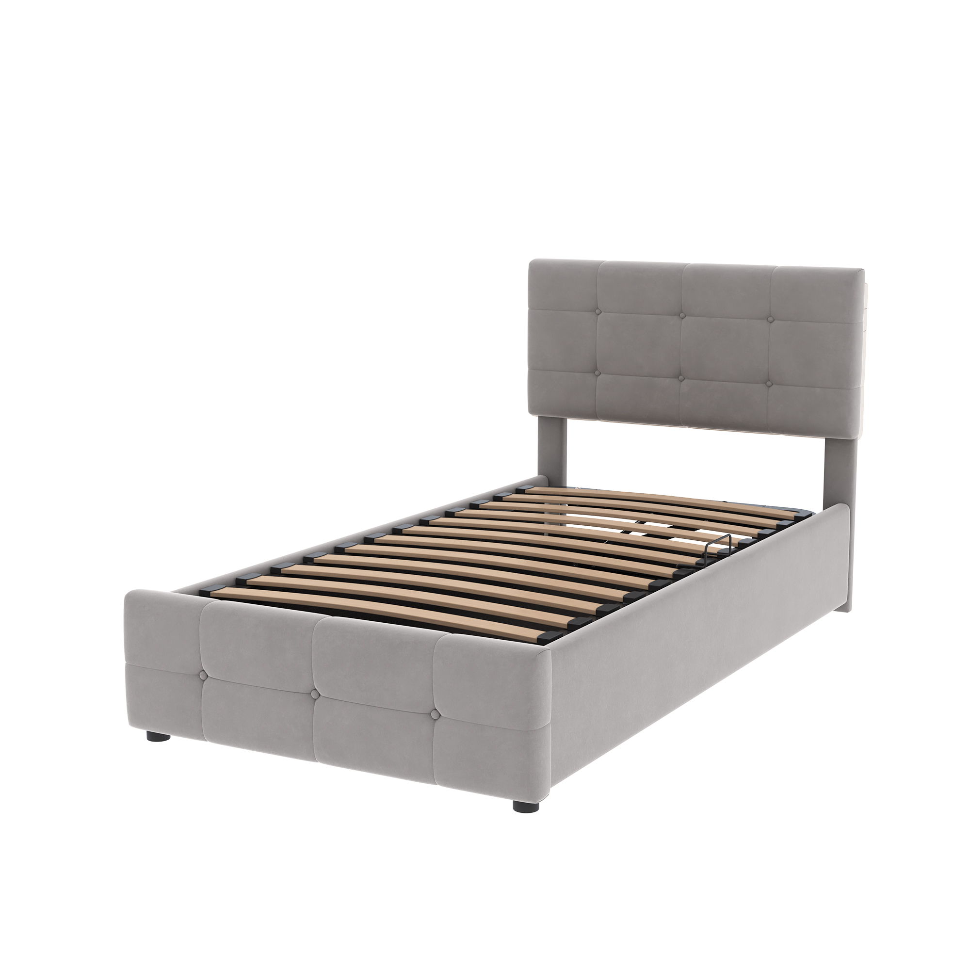 Lit coffre 90x200 en velours gris, structure Panneau composite de fibres de bois à densité et métal, avec sommier à lattes