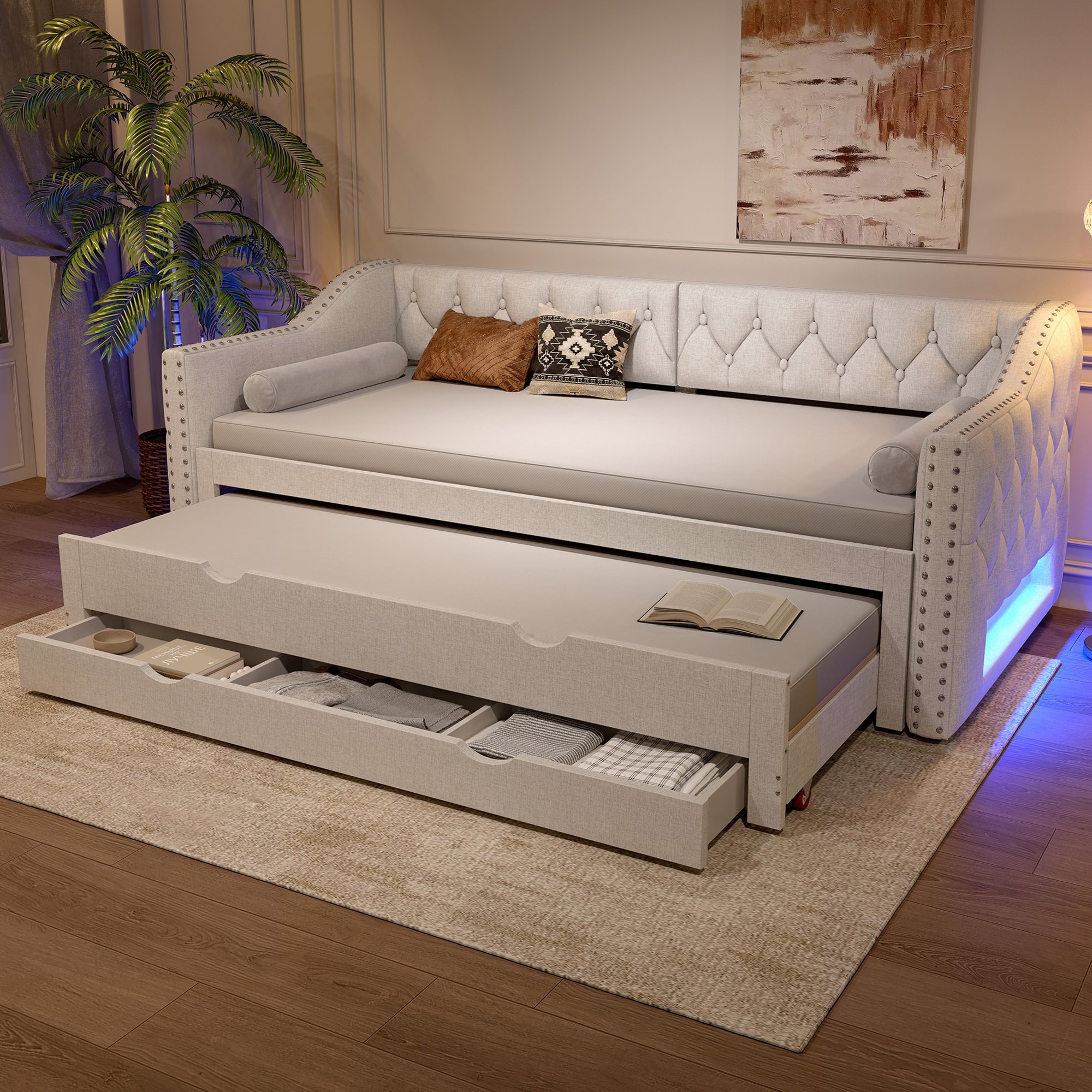 Lit gigogne 90x200 avec LED et tiroirs, beige, rembourré, pour petit espace